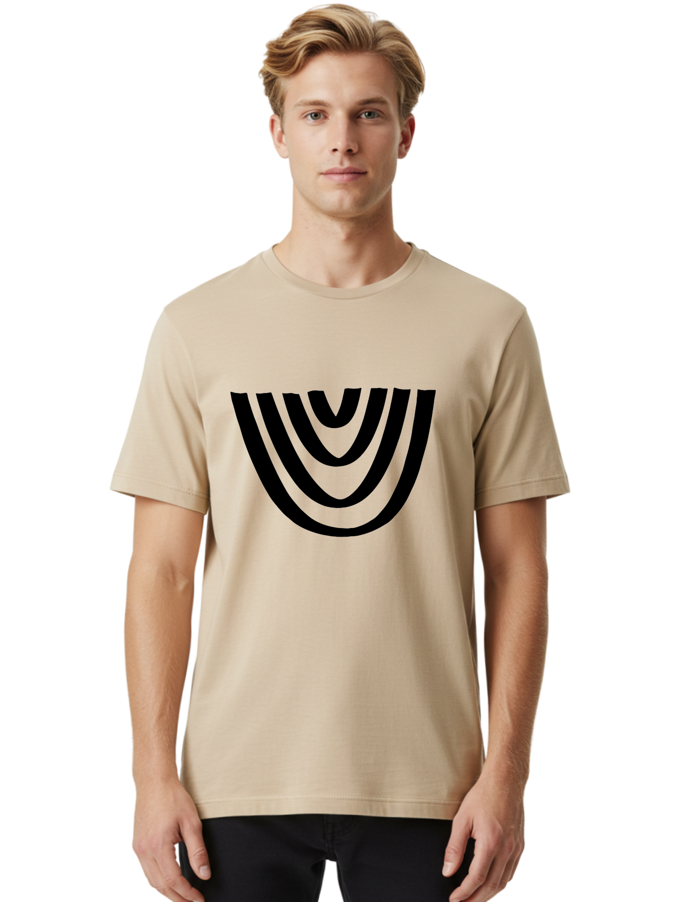 Black-U-Shaped-Lines Men'S Graphic Tee, 100% Cotton, Comfortable Casual Summer Wear, Machine Washable, Curved Lines, Abstract Design, Black Lines, Layered Effect, Modern Art, Geometric Pattern, Minimalistic Style -  Aaa398 20