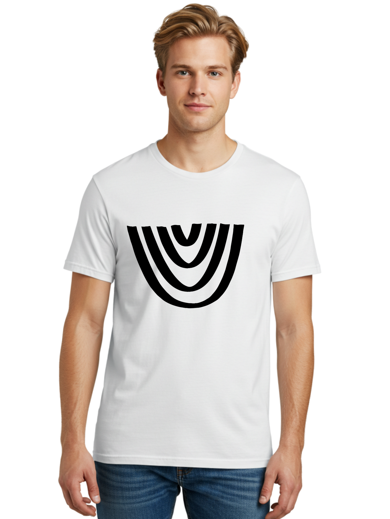 Black-U-Shaped-Lines Men'S Graphic Tee, 100% Cotton, Comfortable Casual Summer Wear, Machine Washable, Curved Lines, Abstract Design, Black Lines, Layered Effect, Modern Art, Geometric Pattern, Minimalistic Style -  Aaa398 26
