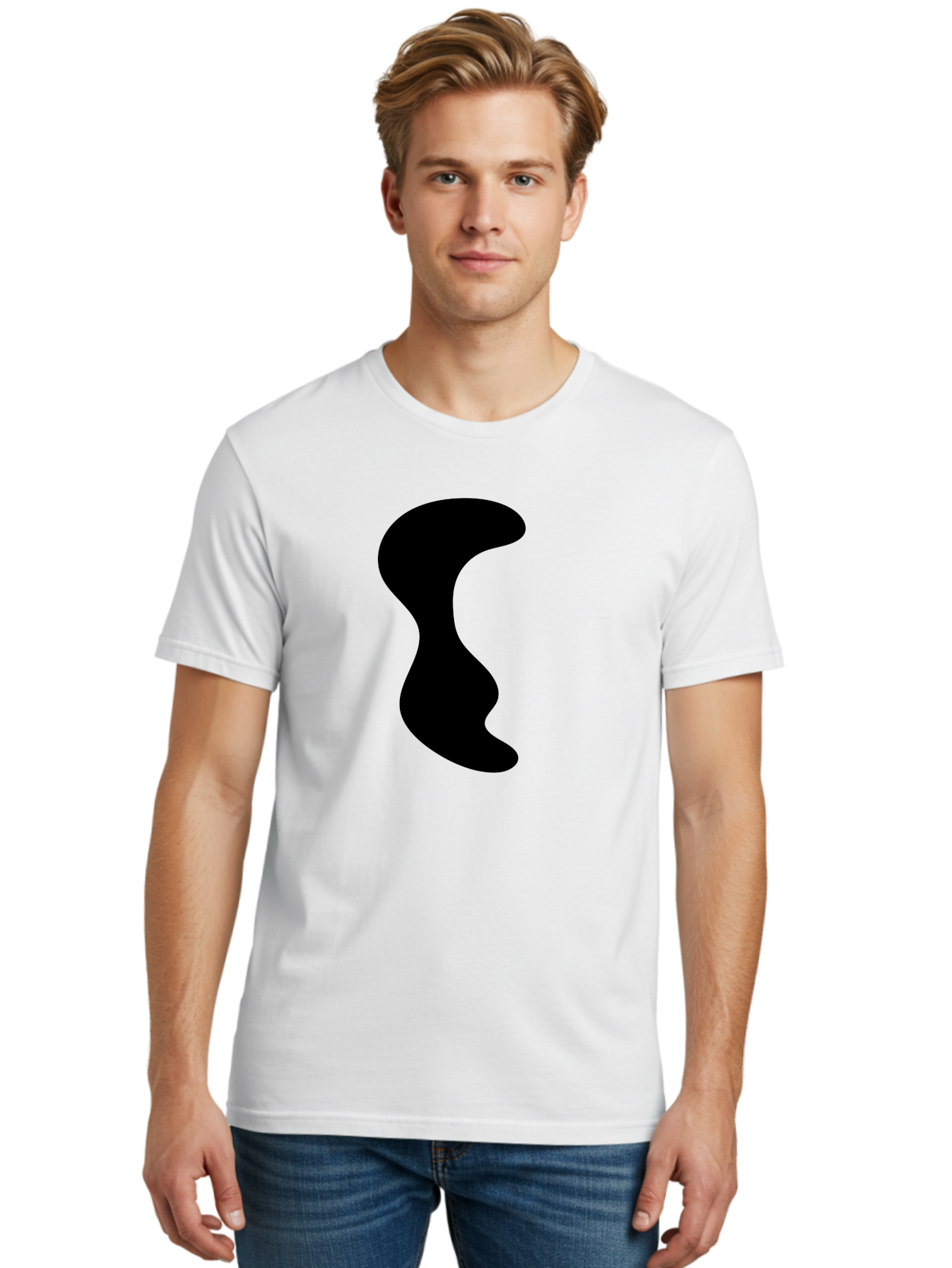 Black-Wavy-Shape Men'S Graphic Tee, 100% Cotton, Comfortable Casual Summer Wear, Machine Washable, Abstract Black Shape, Fluid Design, Modern Art, Sleek Silhouette, Minimalist Graphics, Dynamic Curve -  Aaa399 8