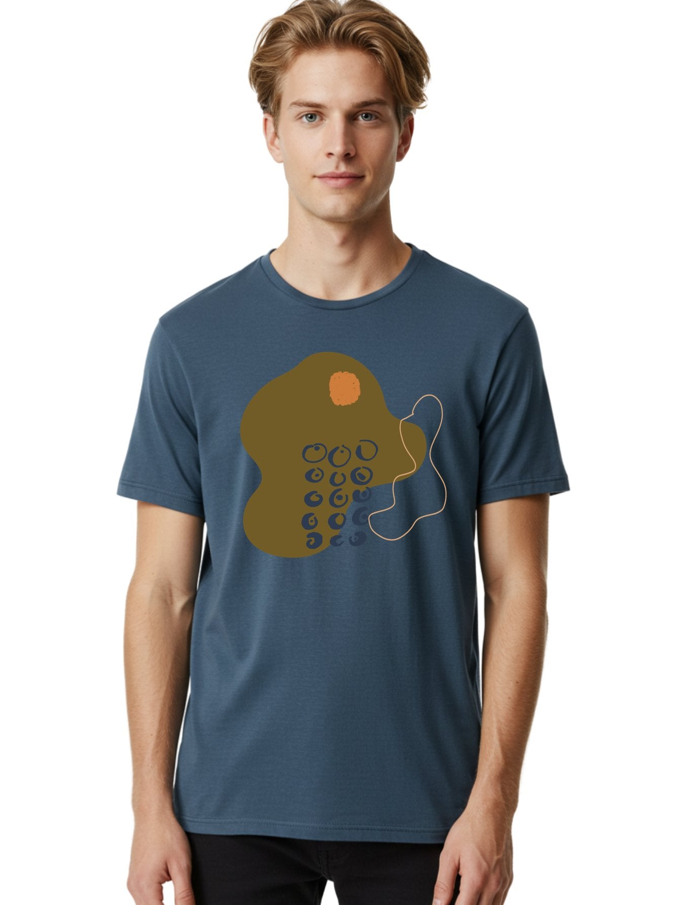 Brown-Blob Men'S Graphic Tee, 100% Cotton, Comfortable Casual Summer Wear, Machine Washable, Abstract Art, Modern Design, Blue Circles, Brown Blob, Irregular Shape, Creative Expression, Digital Illustration, Unique Pattern -  Aaa403