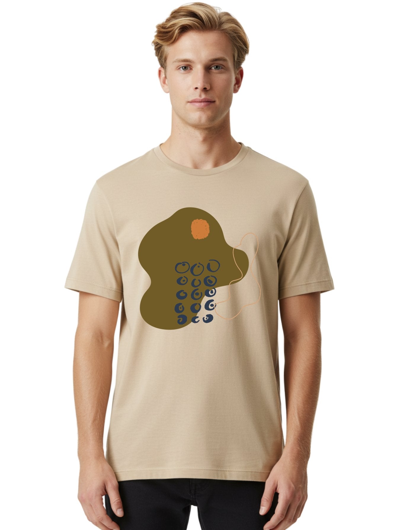 Brown-Blob Men'S Graphic Tee, 100% Cotton, Comfortable Casual Summer Wear, Machine Washable, Abstract Art, Modern Design, Blue Circles, Brown Blob, Irregular Shape, Creative Expression, Digital Illustration, Unique Pattern -  Aaa403 10