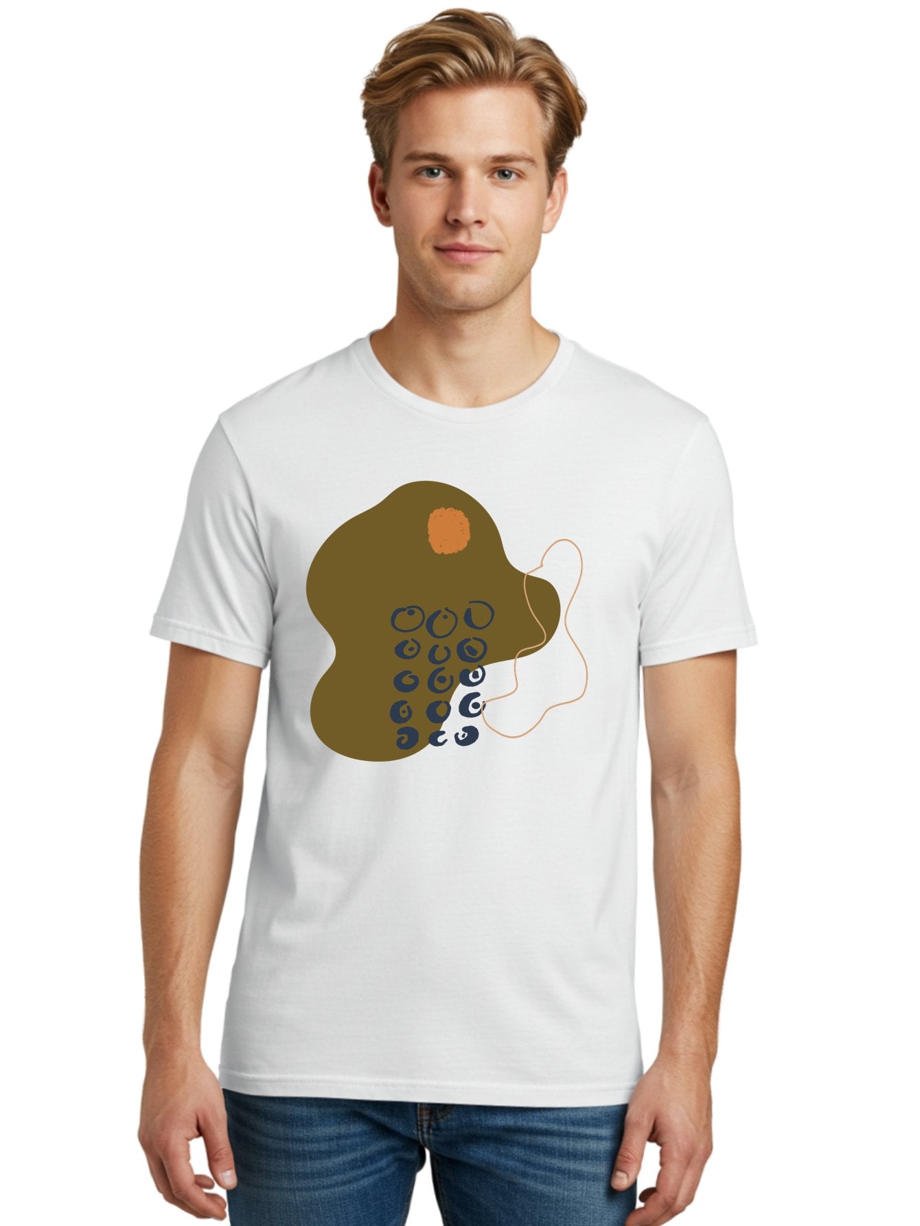 Brown-Blob Men'S Graphic Tee, 100% Cotton, Comfortable Casual Summer Wear, Machine Washable, Abstract Art, Modern Design, Blue Circles, Brown Blob, Irregular Shape, Creative Expression, Digital Illustration, Unique Pattern -  Aaa403 4