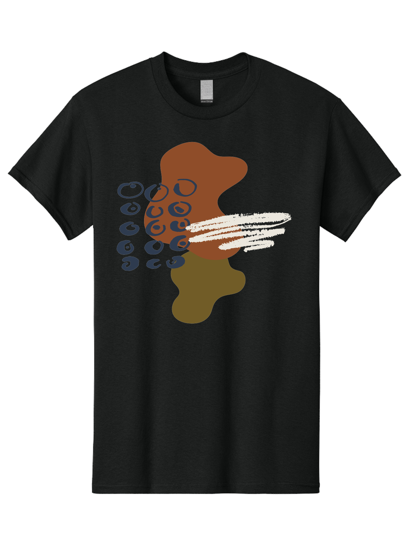 Brown-Shape-With-Swirls-And-Lines Men'S Graphic Tee, 100% Cotton, Comfortable Casual Summer Wear, Machine Washable, Brown Abstract Shape, Swirling Patterns, White Streaks, Blue Circles, Artistic Expression, Creative Design, Digital Art, -  Aaa404