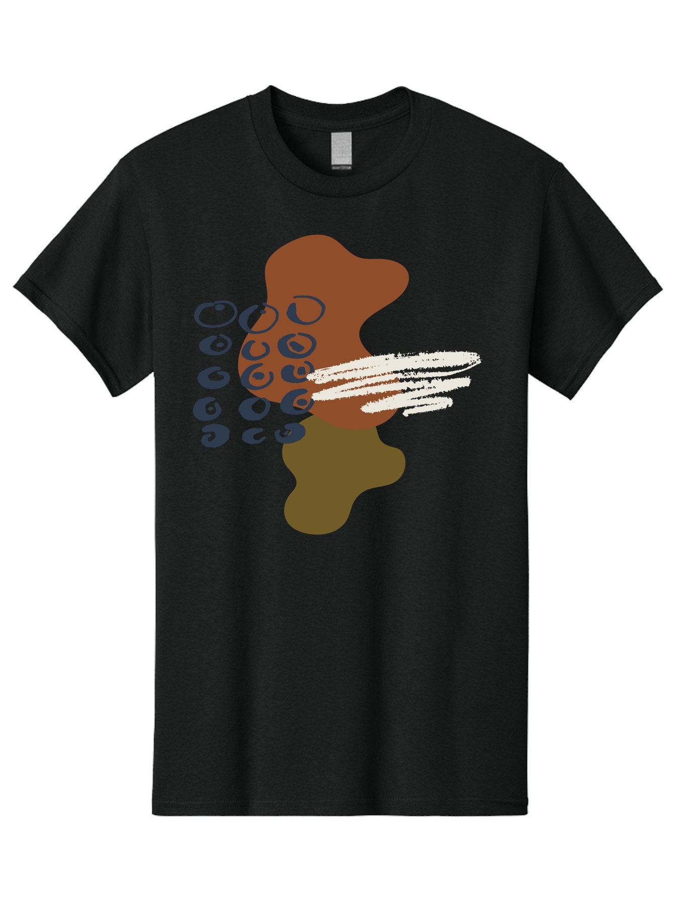 Brown-Shape-With-Swirls-And-Lines Men'S Graphic Tee, 100% Cotton, Comfortable Casual Summer Wear, Machine Washable, Brown Abstract Shape, Swirling Patterns, White Streaks, Blue Circles, Artistic Expression, Creative Design, Digital Art, -  Aaa404 19