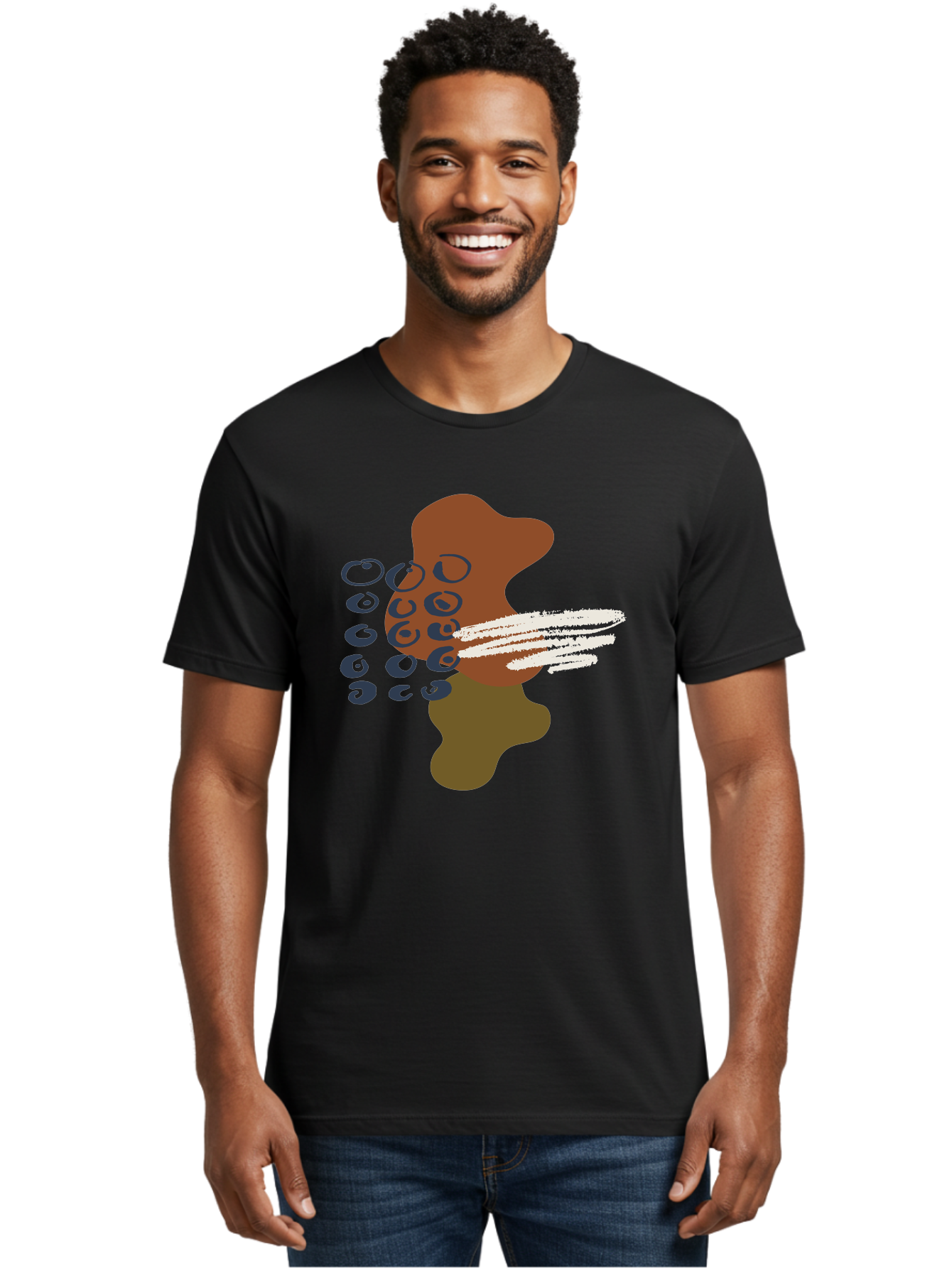 Brown-Shape-With-Swirls-And-Lines Men'S Graphic Tee, 100% Cotton, Comfortable Casual Summer Wear, Machine Washable, Brown Abstract Shape, Swirling Patterns, White Streaks, Blue Circles, Artistic Expression, Creative Design, Digital Art, -  Aaa404