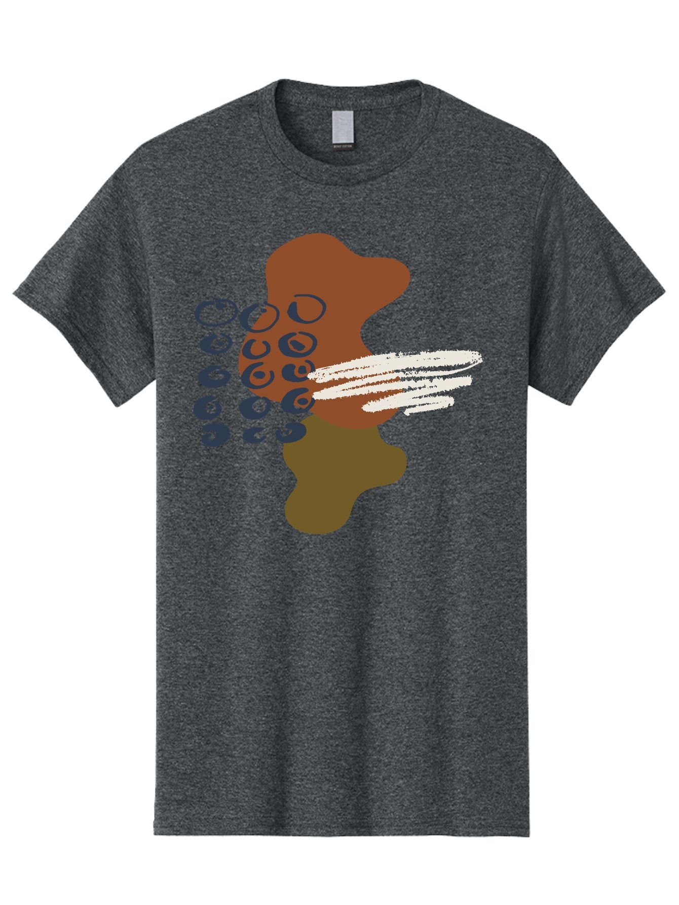 Brown-Shape-With-Swirls-And-Lines Men'S Graphic Tee, 100% Cotton, Comfortable Casual Summer Wear, Machine Washable, Brown Abstract Shape, Swirling Patterns, White Streaks, Blue Circles, Artistic Expression, Creative Design, Digital Art, -  Aaa404 25