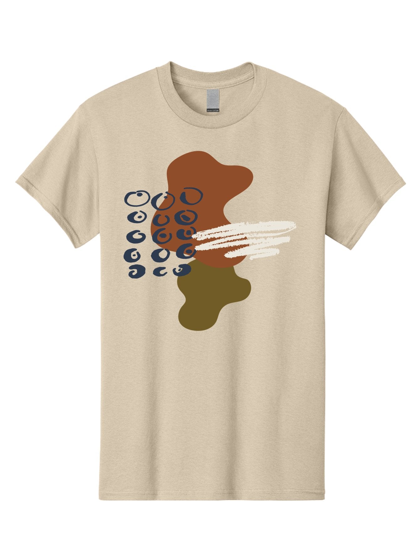 Brown-Shape-With-Swirls-And-Lines Men'S Graphic Tee, 100% Cotton, Comfortable Casual Summer Wear, Machine Washable, Brown Abstract Shape, Swirling Patterns, White Streaks, Blue Circles, Artistic Expression, Creative Design, Digital Art, -  Aaa404 21