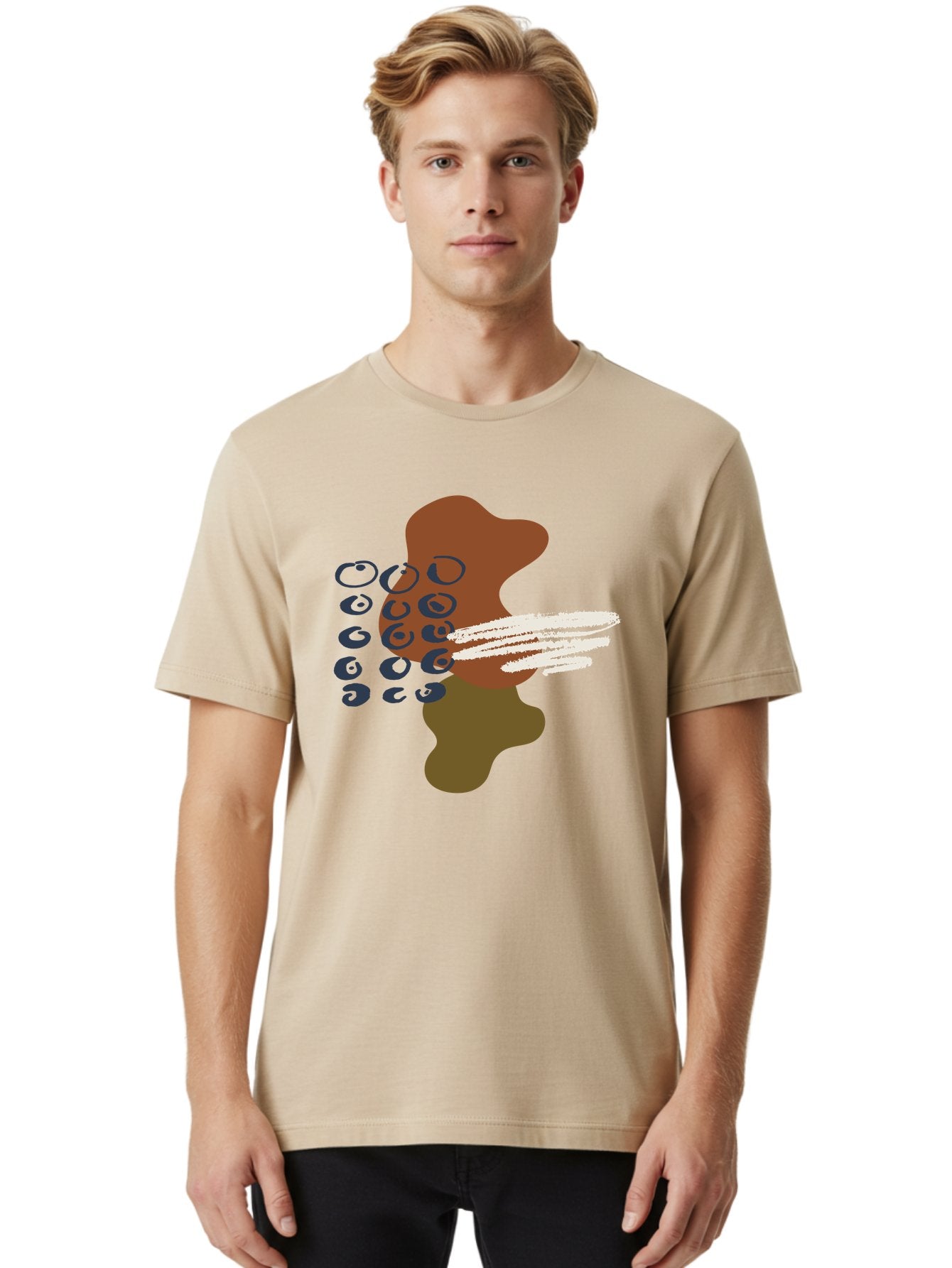 Brown-Shape-With-Swirls-And-Lines Men'S Graphic Tee, 100% Cotton, Comfortable Casual Summer Wear, Machine Washable, Brown Abstract Shape, Swirling Patterns, White Streaks, Blue Circles, Artistic Expression, Creative Design, Digital Art, -  Aaa404 22