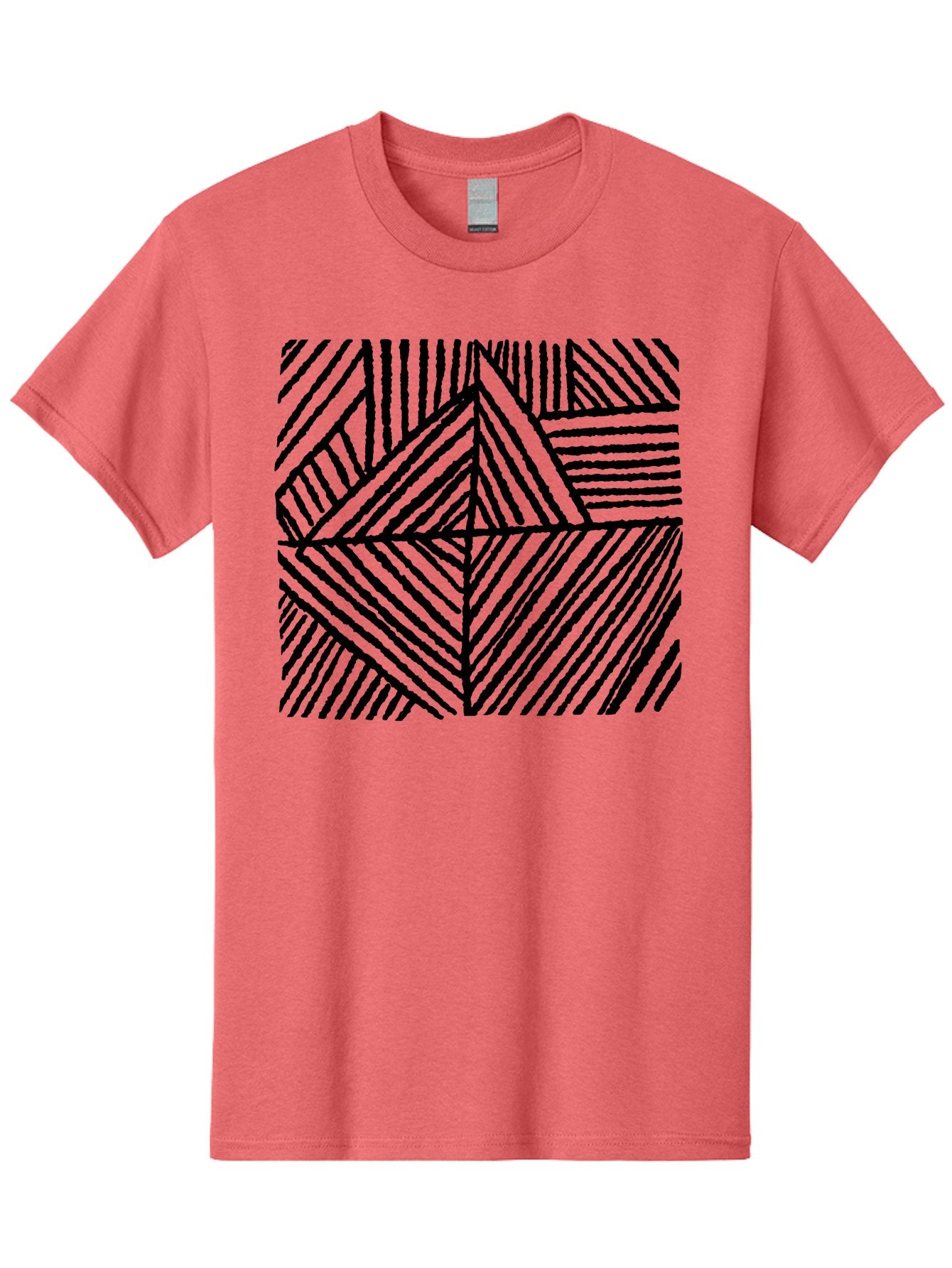 Geometric-Pattern Men'S Graphic Tee, 100% Cotton, Comfortable Casual Summer Wear, Machine Washable, Geometric Pattern, Black Lines, Abstract Design, Modern Art, Optical Illusion, Diagonal Lines, Triangle Shapes, Minimalist Style -  Aaa436