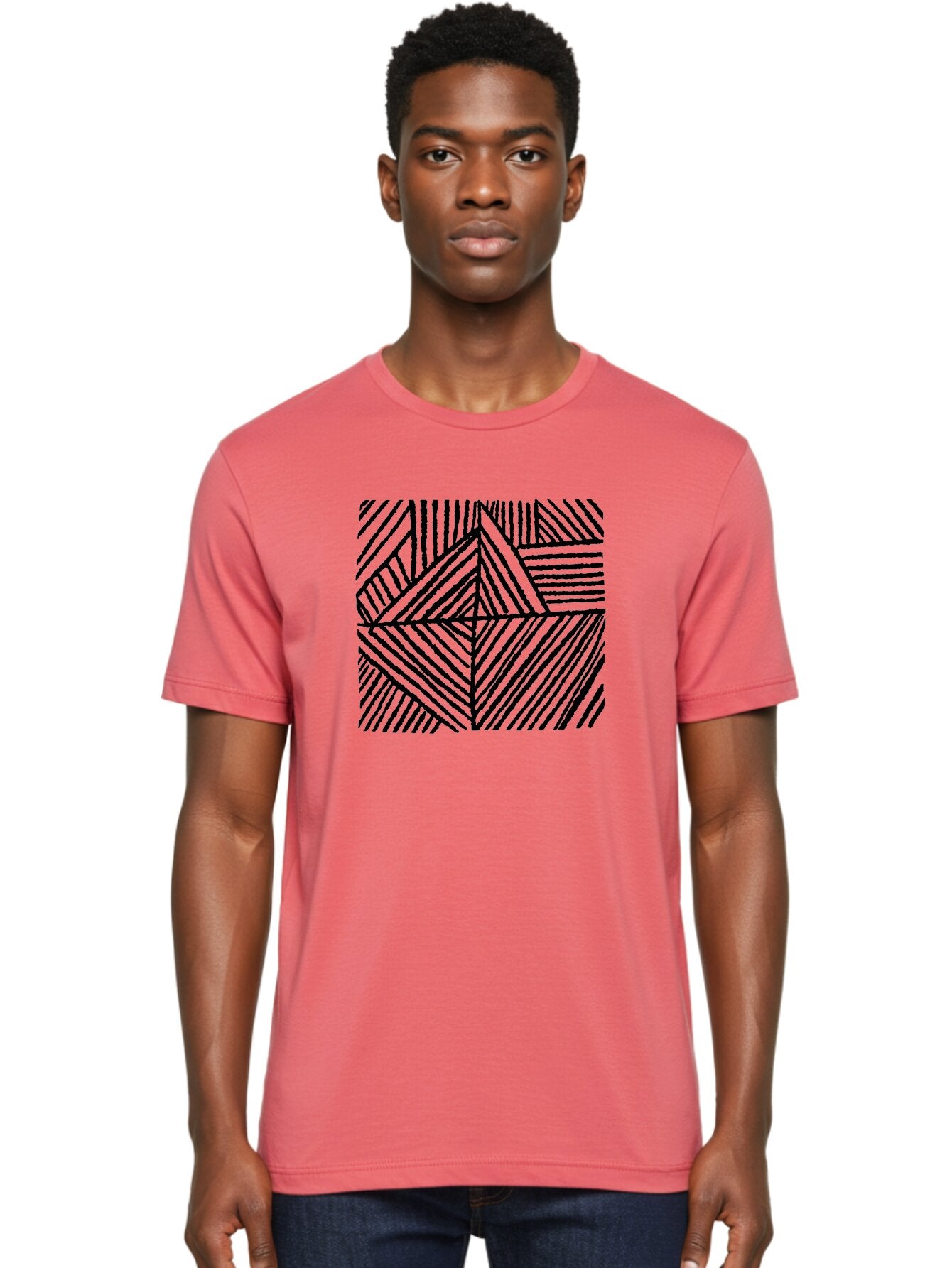 Geometric-Pattern Men'S Graphic Tee, 100% Cotton, Comfortable Casual Summer Wear, Machine Washable, Geometric Pattern, Black Lines, Abstract Design, Modern Art, Optical Illusion, Diagonal Lines, Triangle Shapes, Minimalist Style -  Aaa436
