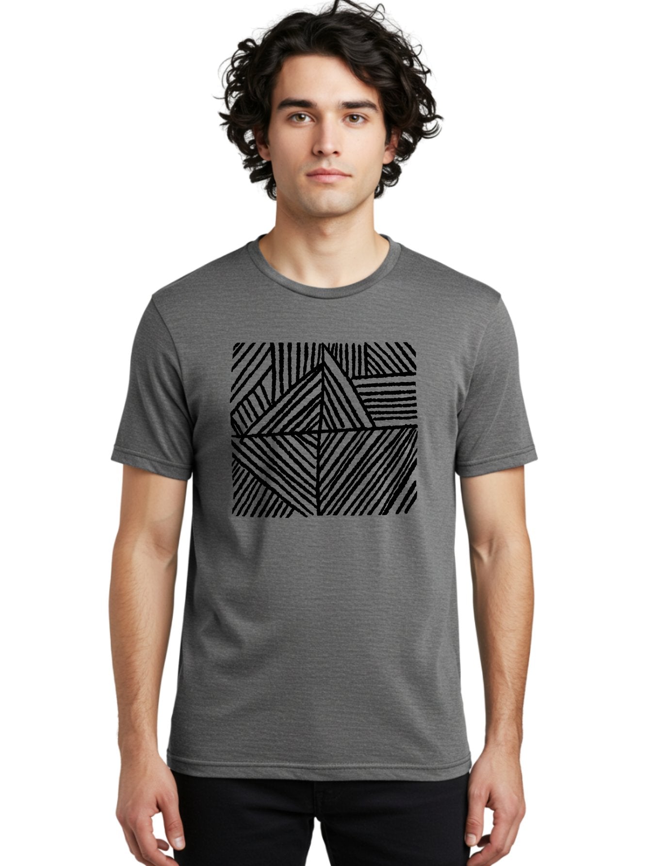 Geometric-Pattern Men'S Graphic Tee, 100% Cotton, Comfortable Casual Summer Wear, Machine Washable, Geometric Pattern, Black Lines, Abstract Design, Modern Art, Optical Illusion, Diagonal Lines, Triangle Shapes, Minimalist Style -  Aaa436 26