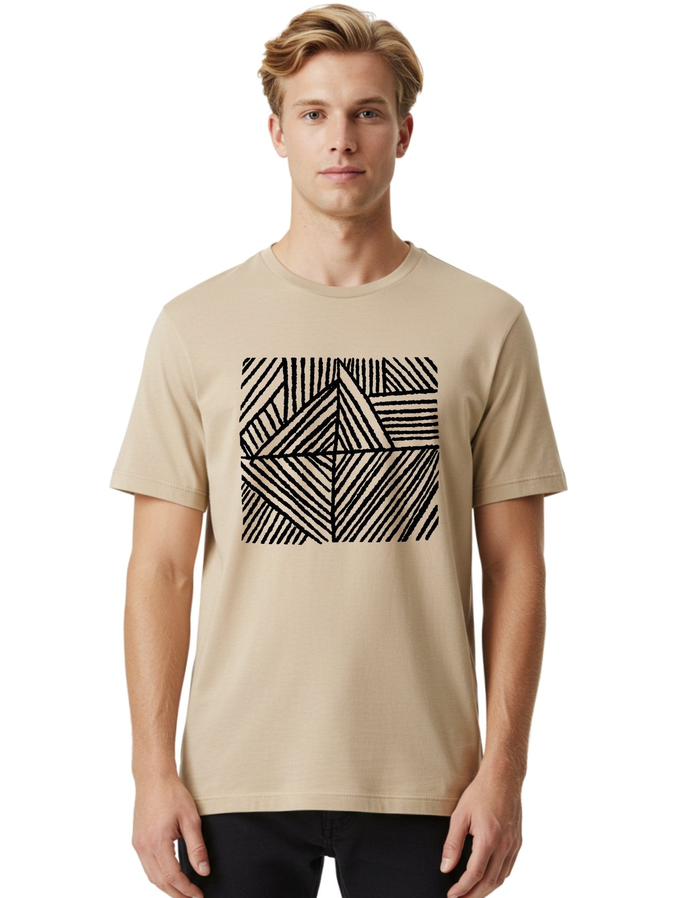 Geometric-Pattern Men'S Graphic Tee, 100% Cotton, Comfortable Casual Summer Wear, Machine Washable, Geometric Pattern, Black Lines, Abstract Design, Modern Art, Optical Illusion, Diagonal Lines, Triangle Shapes, Minimalist Style -  Aaa436 6