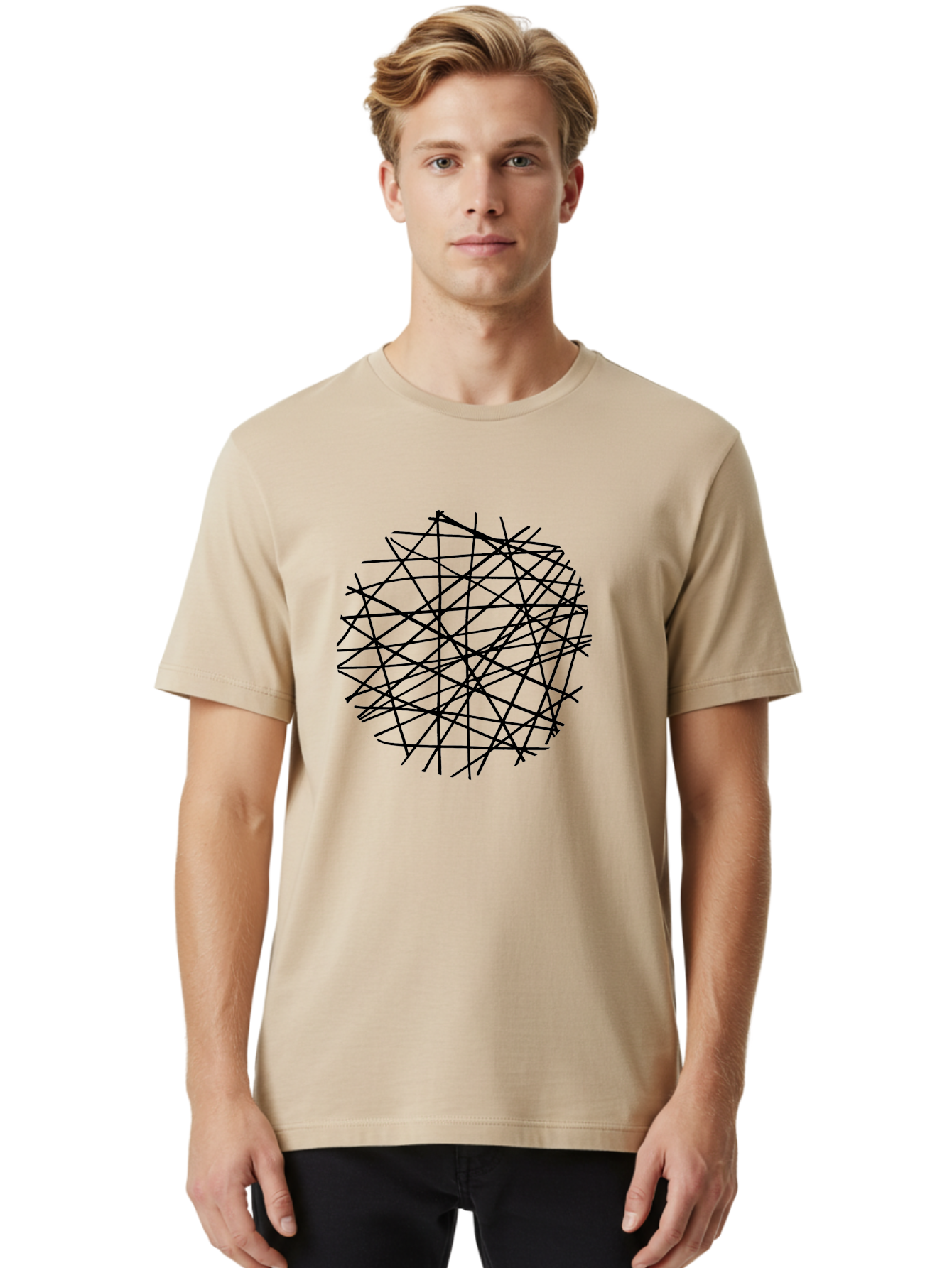 Intersecting-Lines Men'S Graphic Tee, 100% Cotton, Comfortable Casual Summer Wear, Machine Washable, Abstract Art, Chaotic Lines, Black Lines, Intersecting Lines, Complex Pattern, Modern Design, Graphic Illustration -  Aaa439
