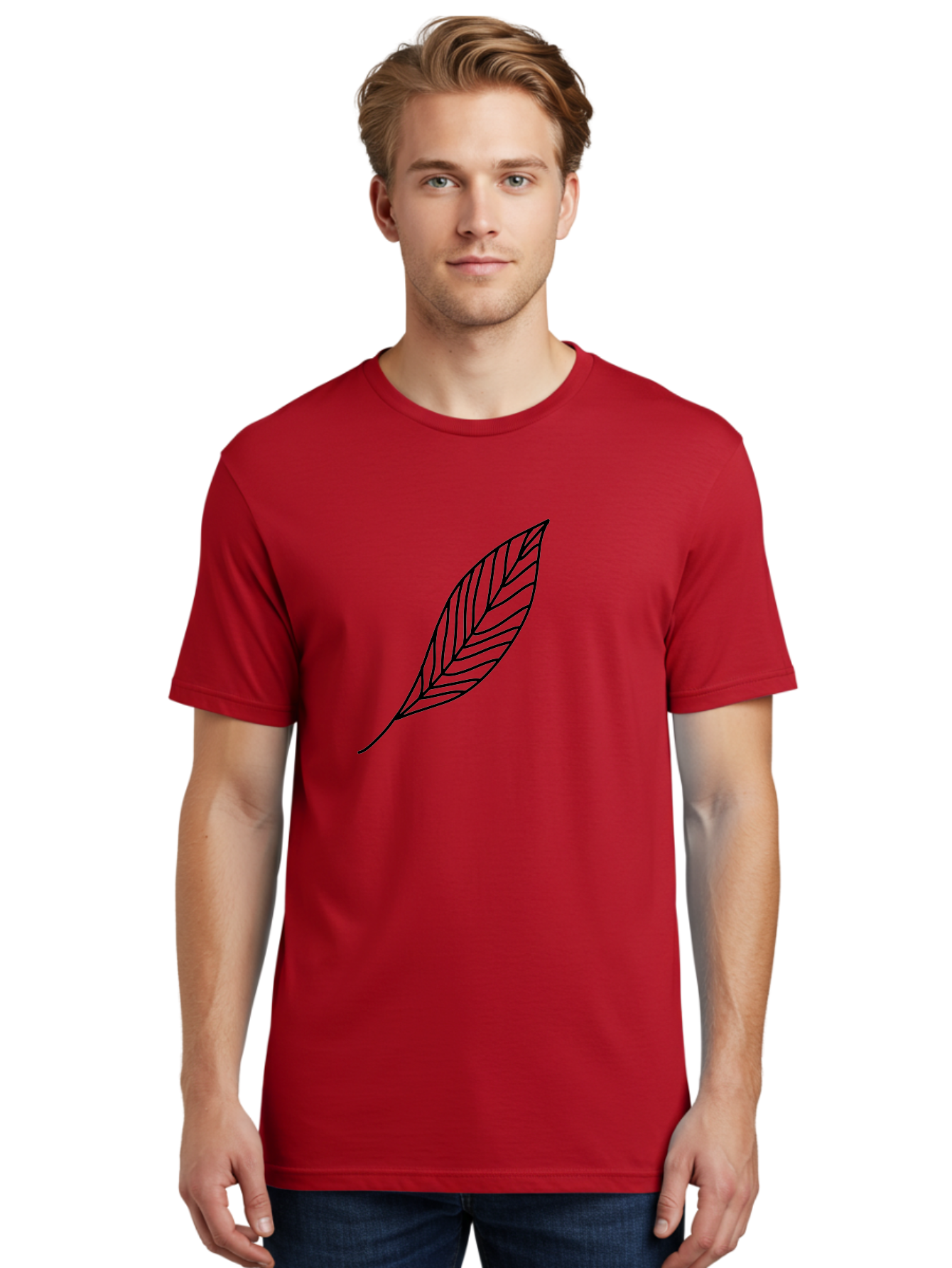Leaf-Outline Men'S Graphic Tee, 100% Cotton, Comfortable Casual Summer Wear, Machine Washable, Simple Leaf Design, Black Outline, Leaf Illustration, Minimalist Art, Nature-Inspired Graphics, Eco-Friendly Icon -  Aaa447 24