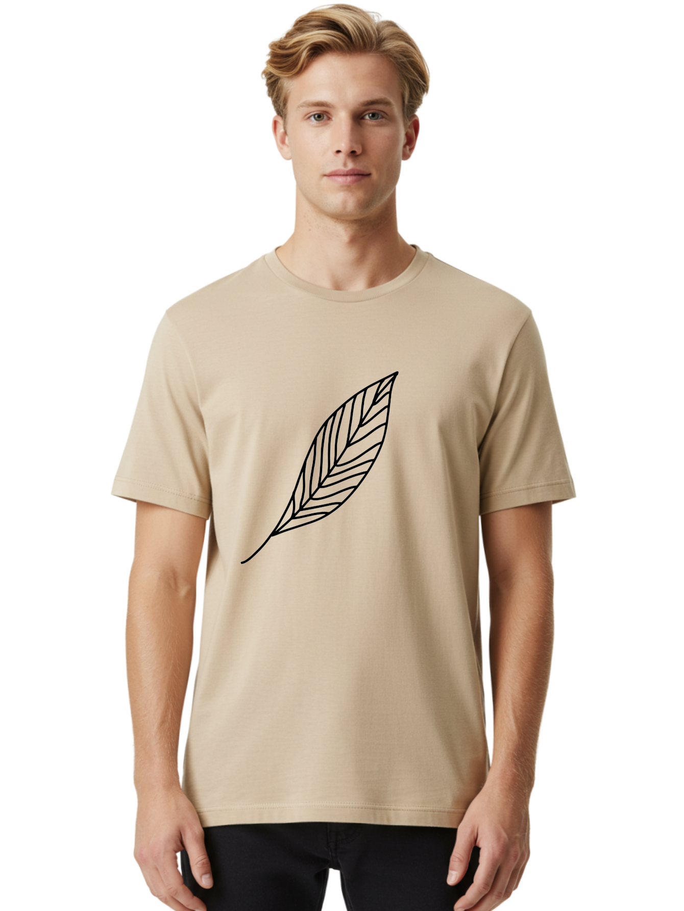 Leaf-Outline Men'S Graphic Tee, 100% Cotton, Comfortable Casual Summer Wear, Machine Washable, Simple Leaf Design, Black Outline, Leaf Illustration, Minimalist Art, Nature-Inspired Graphics, Eco-Friendly Icon -  Aaa447 28