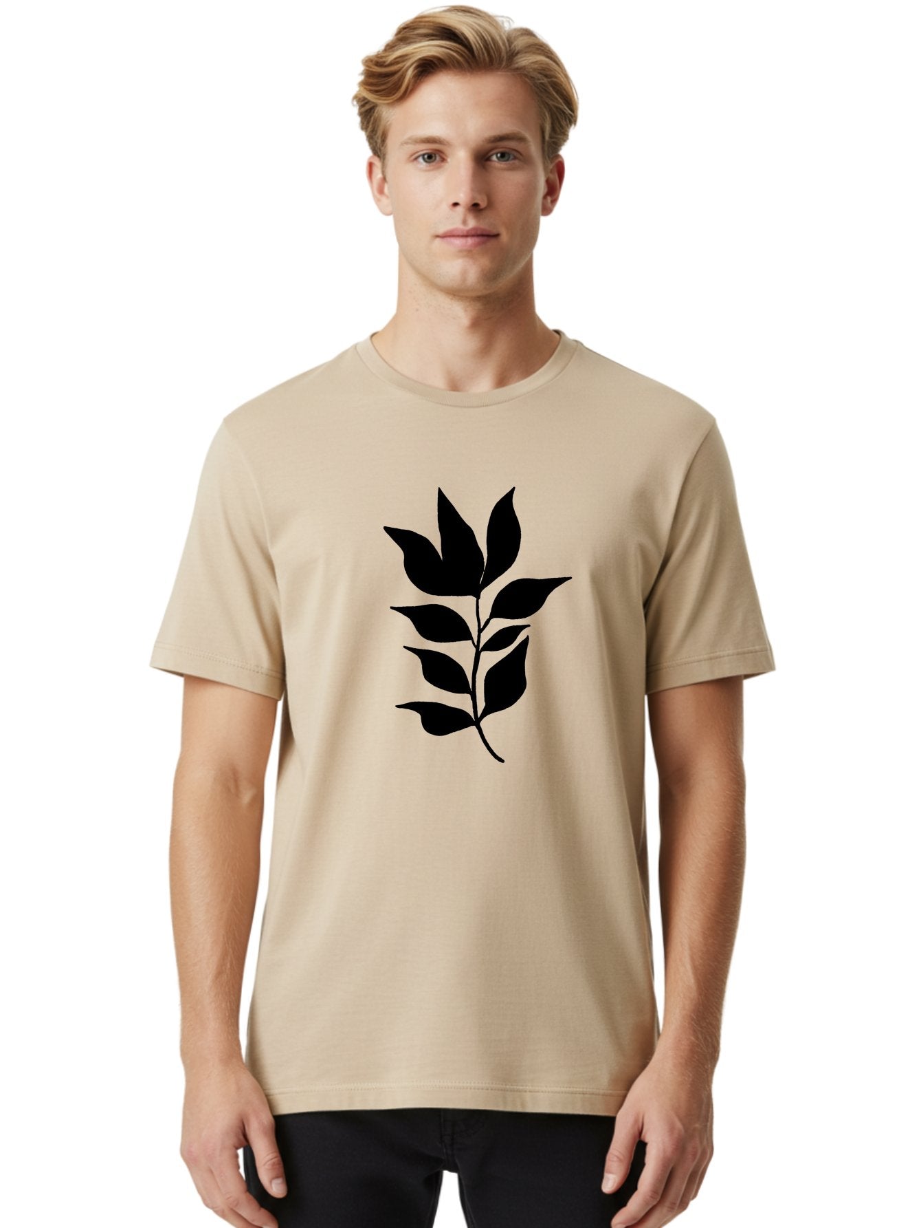 Leaf-Silhouette Men'S Graphic Tee, 100% Cotton, Comfortable Casual Summer Wear, Machine Washable, Leafy Branch, Foliage, Silhouette, Nature Icon, Simple Design, Leaf Graphics, Floral Element, Minimalist Art, Plant Symbol -  Aaa448 14