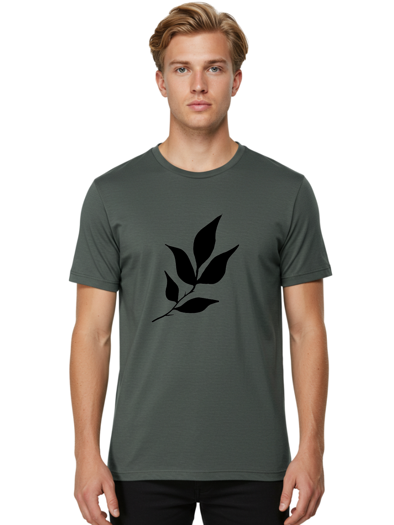 Leaves-8 Men'S Graphic Tee, 100% Cotton, Comfortable Casual Summer Wear, Machine Washable, Black Leaves On Branch, Leaf Silhouette, Minimalist Design, Simple Graphics, Black And Green, Nature Elements, Botanical Illustration, Leaf Graphic -  Aaa457 4