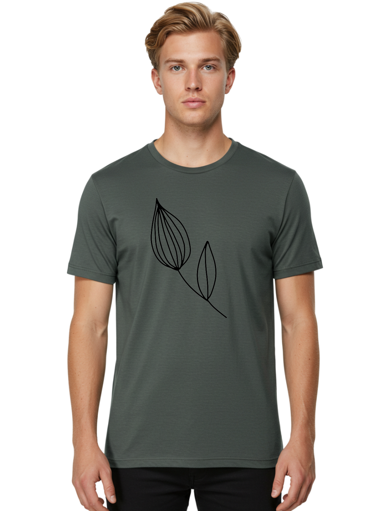 Line-Drawing-Leaves Men'S Graphic Tee, 100% Cotton, Comfortable Casual Summer Wear, Machine Washable, Minimalist Design, Leafy Stem, Simple Lines, Botanical Illustration, Modern Art, Contemporary Style, Black And Green -  Aaa459 4