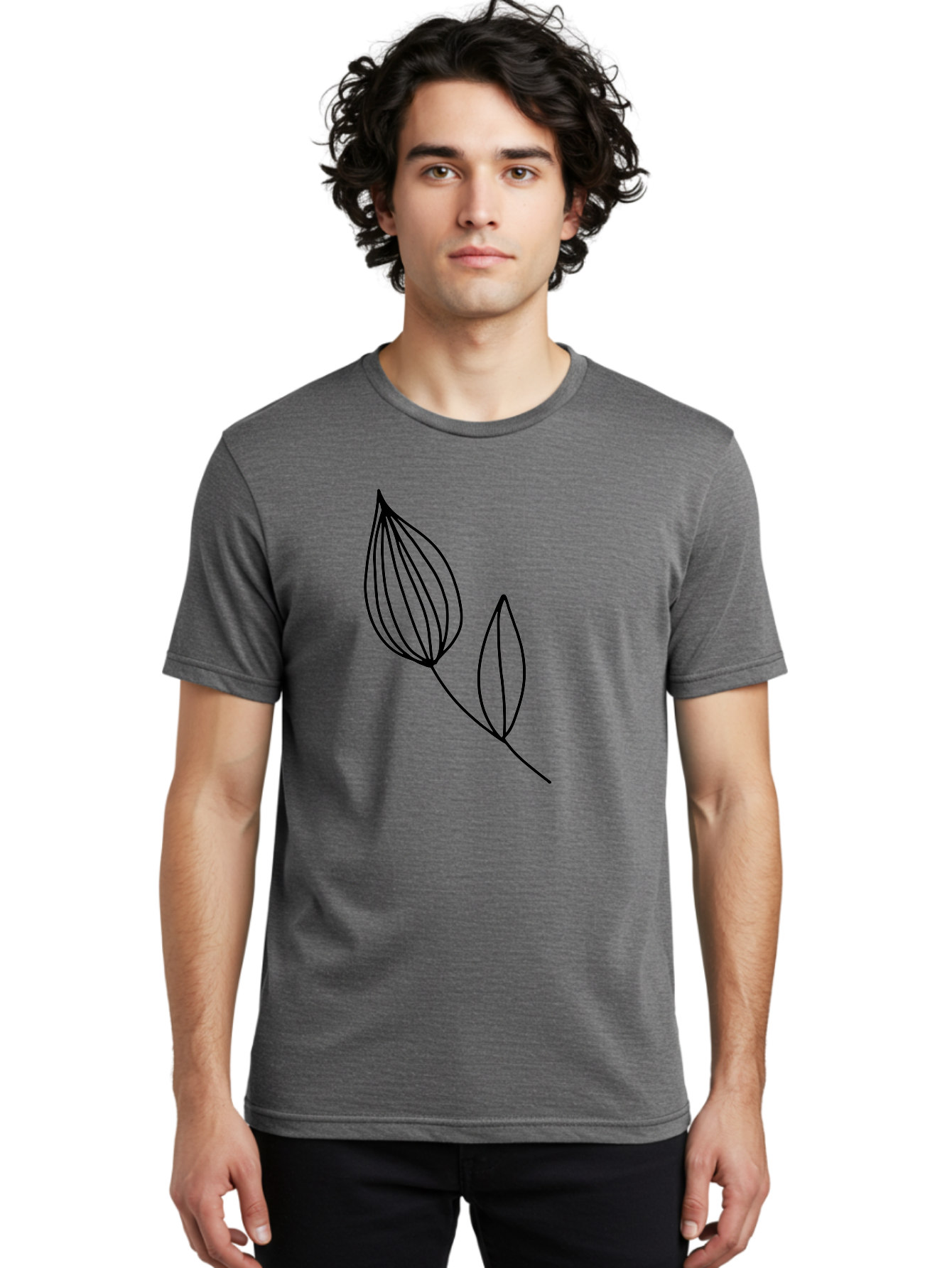 Line-Drawing-Leaves Men'S Graphic Tee, 100% Cotton, Comfortable Casual Summer Wear, Machine Washable, Minimalist Design, Leafy Stem, Simple Lines, Botanical Illustration, Modern Art, Contemporary Style, Black And Green -  Aaa459 10