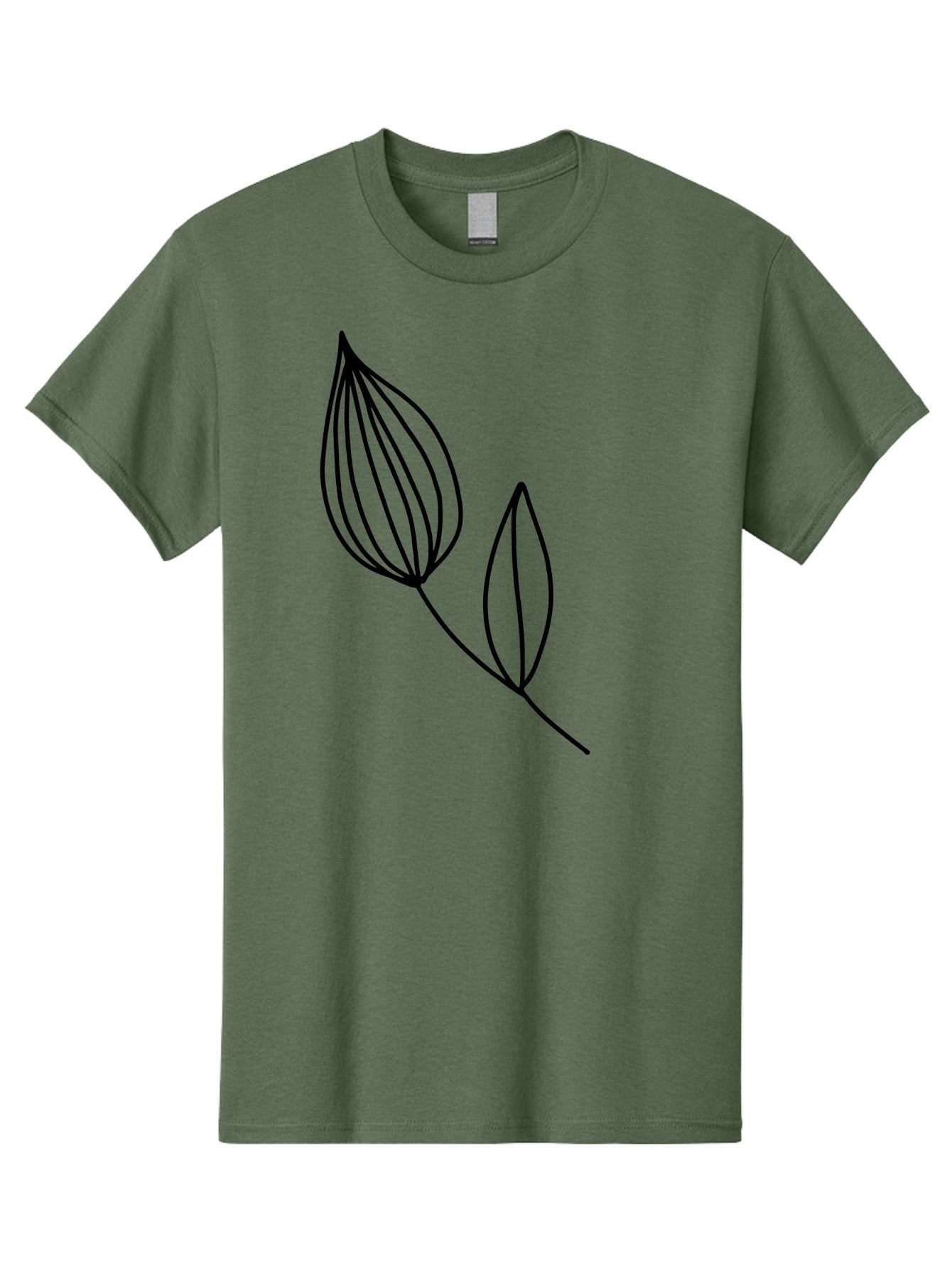 Line-Drawing-Leaves Men'S Graphic Tee, 100% Cotton, Comfortable Casual Summer Wear, Machine Washable, Minimalist Design, Leafy Stem, Simple Lines, Botanical Illustration, Modern Art, Contemporary Style, Black And Green -  Aaa459