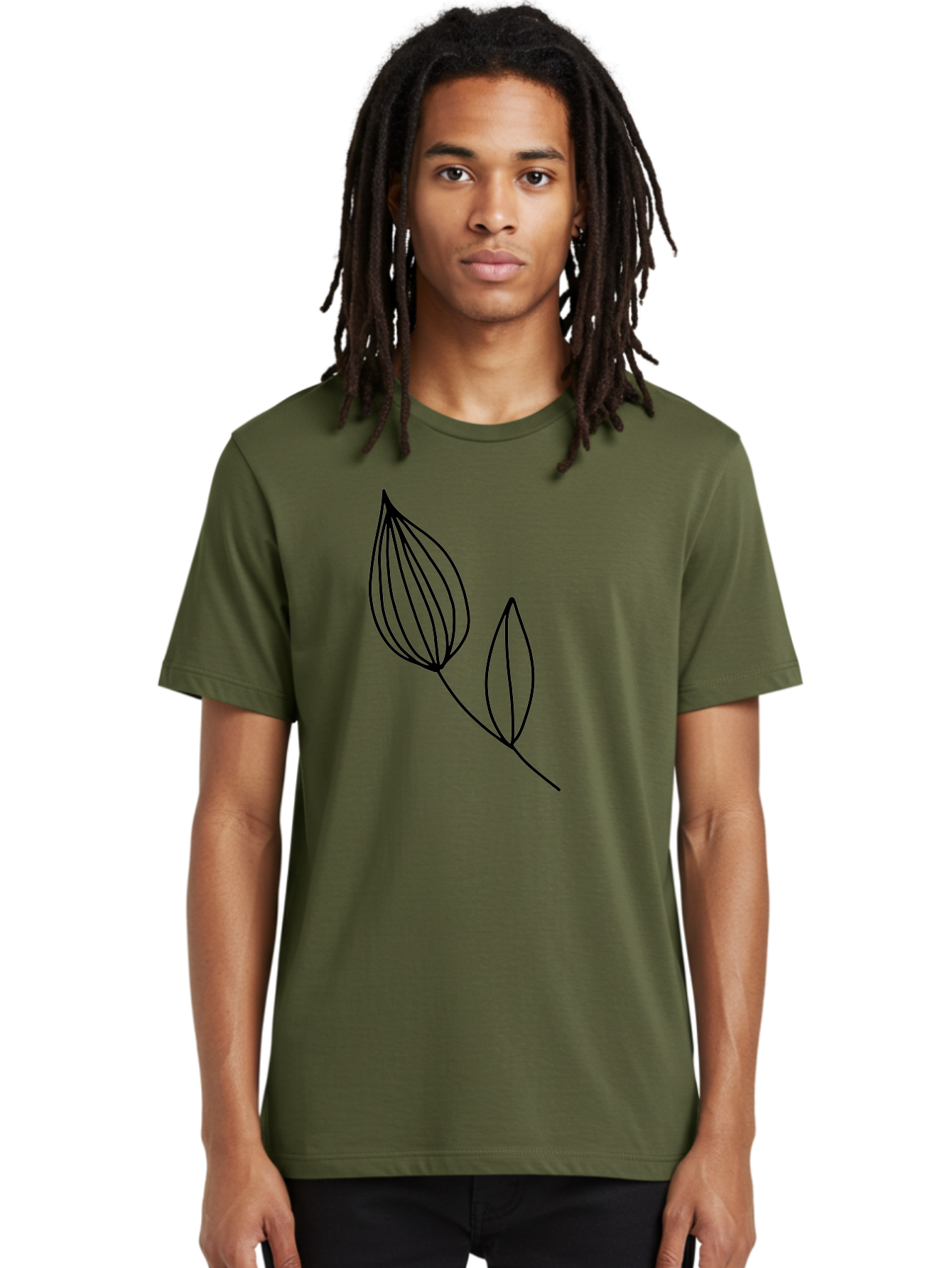 Line-Drawing-Leaves Men'S Graphic Tee, 100% Cotton, Comfortable Casual Summer Wear, Machine Washable, Minimalist Design, Leafy Stem, Simple Lines, Botanical Illustration, Modern Art, Contemporary Style, Black And Green -  Aaa459 16