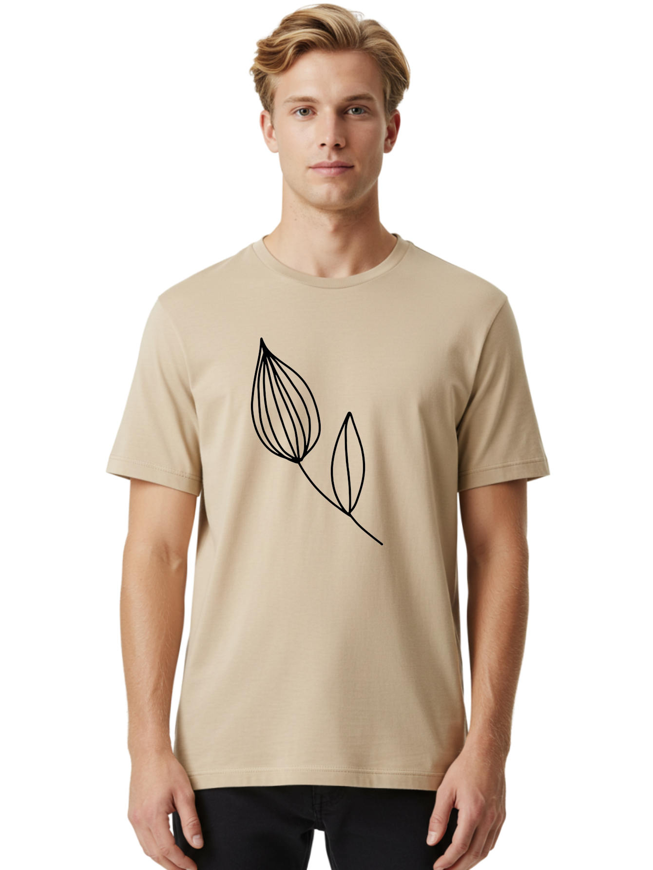 Line-Drawing-Leaves Men'S Graphic Tee, 100% Cotton, Comfortable Casual Summer Wear, Machine Washable, Minimalist Design, Leafy Stem, Simple Lines, Botanical Illustration, Modern Art, Contemporary Style, Black And Green -  Aaa459 28