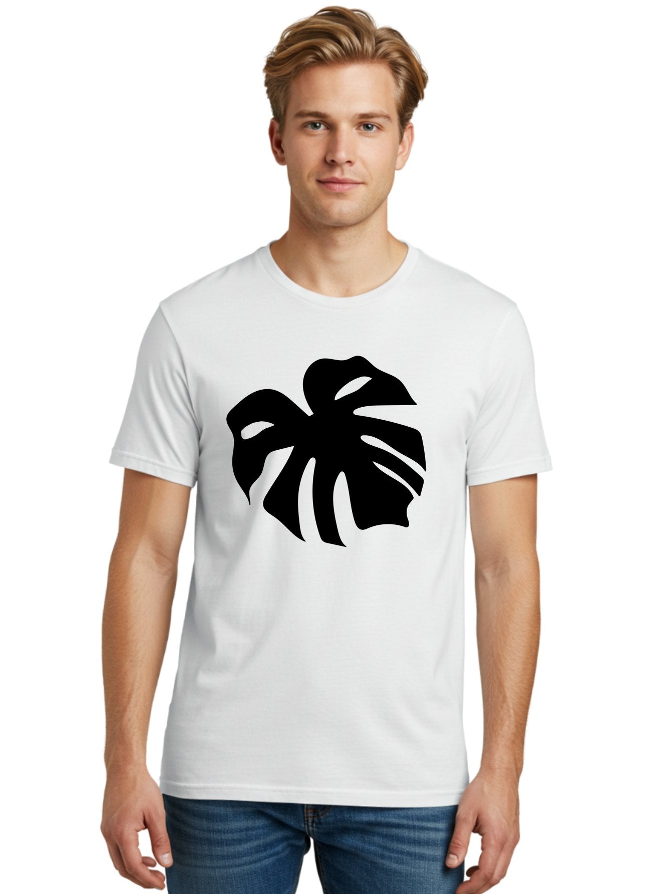 Monstera-Leaf-1 Men'S Graphic Tee, 100% Cotton, Comfortable Casual Summer Wear, Machine Washable, Tropical Leaf, Monstera Deliciosa, Exotic Foliage, Jungle Plants, Unique Shapes, Leafy Greens, Black Silhouette -  Aaa466 24