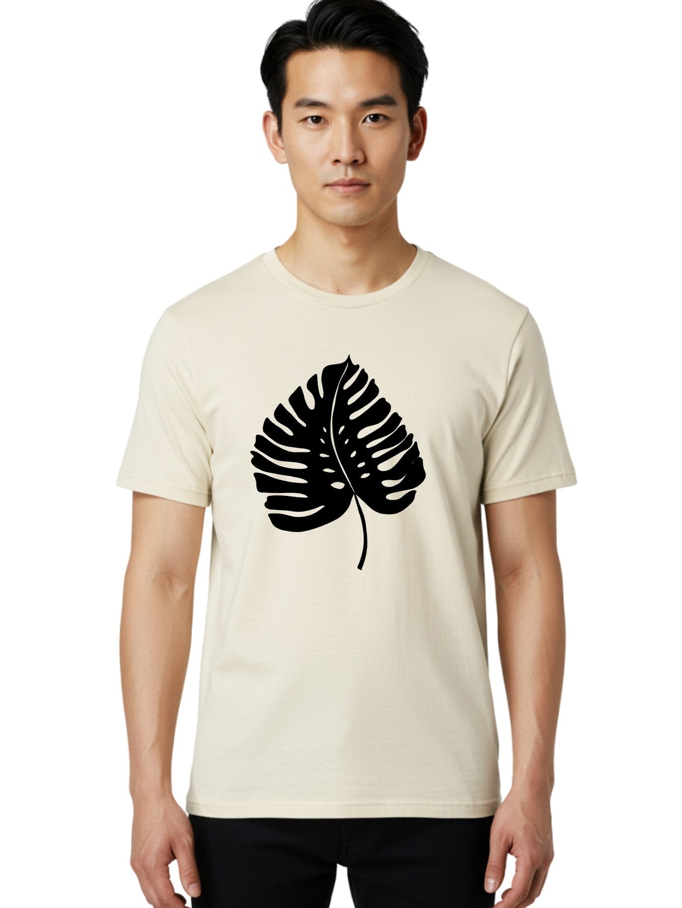 Monstera-Leaf-2 Men'S Graphic Tee, 100% Cotton, Comfortable Casual Summer Wear, Machine Washable, Tropical Leaf, Monstera Deliciosa, Exotic Foliage, Black Silhouette, Minimalist Design, Nature-Inspired Art, Botanical Illustration, -  Aaa467 4