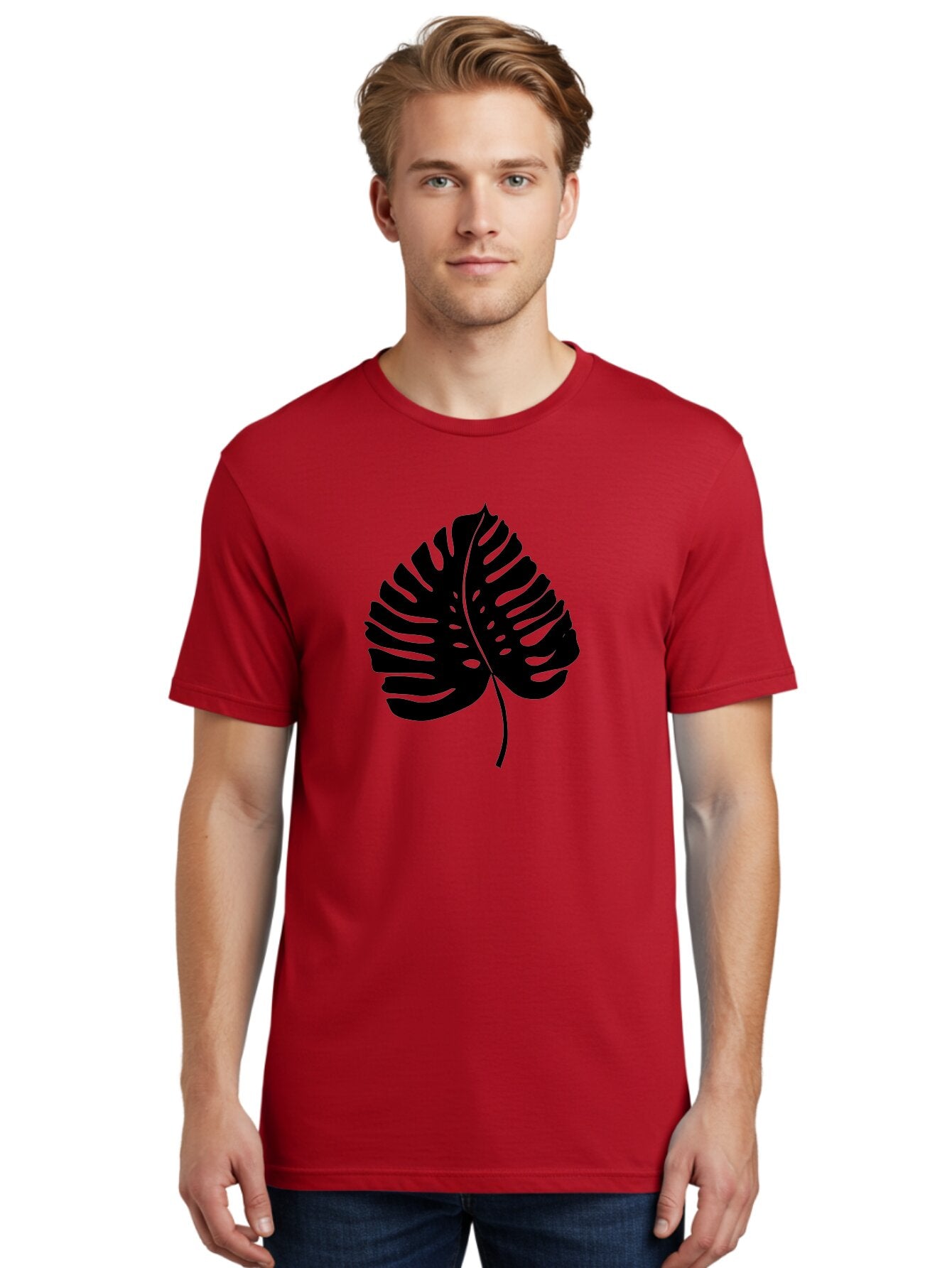 Monstera-Leaf-2 Men'S Graphic Tee, 100% Cotton, Comfortable Casual Summer Wear, Machine Washable, Tropical Leaf, Monstera Deliciosa, Exotic Foliage, Black Silhouette, Minimalist Design, Nature-Inspired Art, Botanical Illustration, -  Aaa467