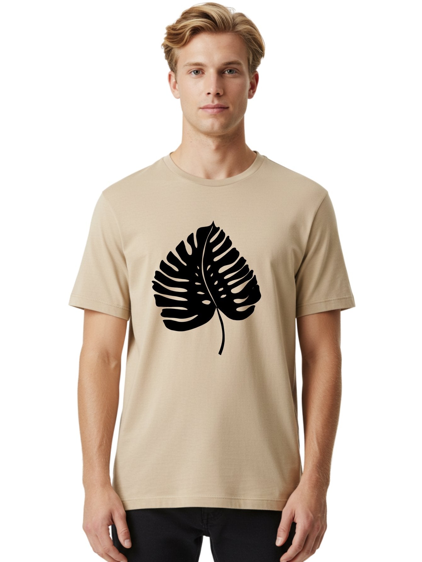 Monstera-Leaf-2 Men'S Graphic Tee, 100% Cotton, Comfortable Casual Summer Wear, Machine Washable, Tropical Leaf, Monstera Deliciosa, Exotic Foliage, Black Silhouette, Minimalist Design, Nature-Inspired Art, Botanical Illustration, -  Aaa467 10