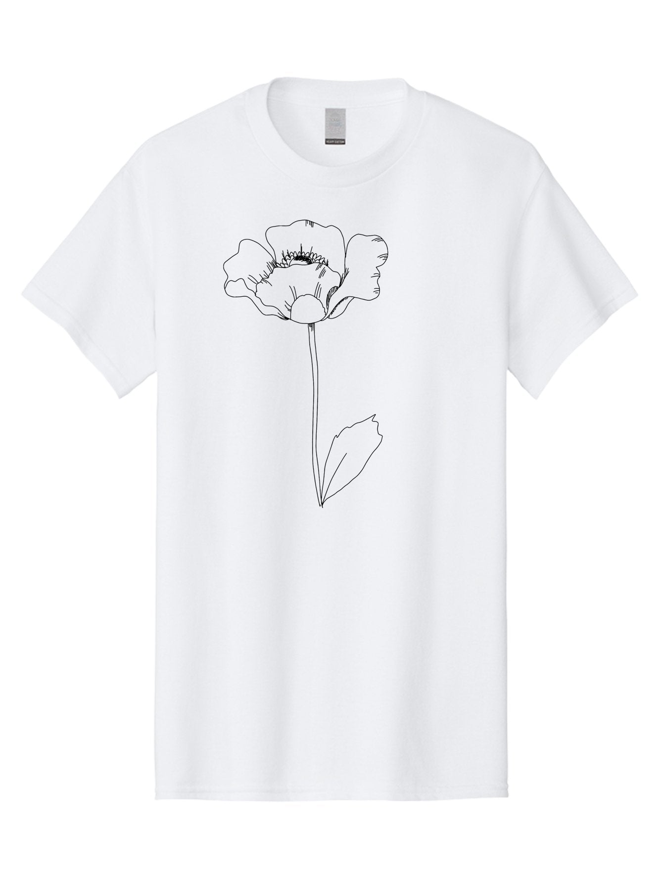 Poppy Men'S Graphic Tee, 100% Cotton, Comfortable Casual Summer Wear, Machine Washable, Simple Line Art, Poppy Flower, Minimalist Design, Delicate Outline, Single Stem, Leaves, Natural Simplicity, Modern Illustration -  Aaa476