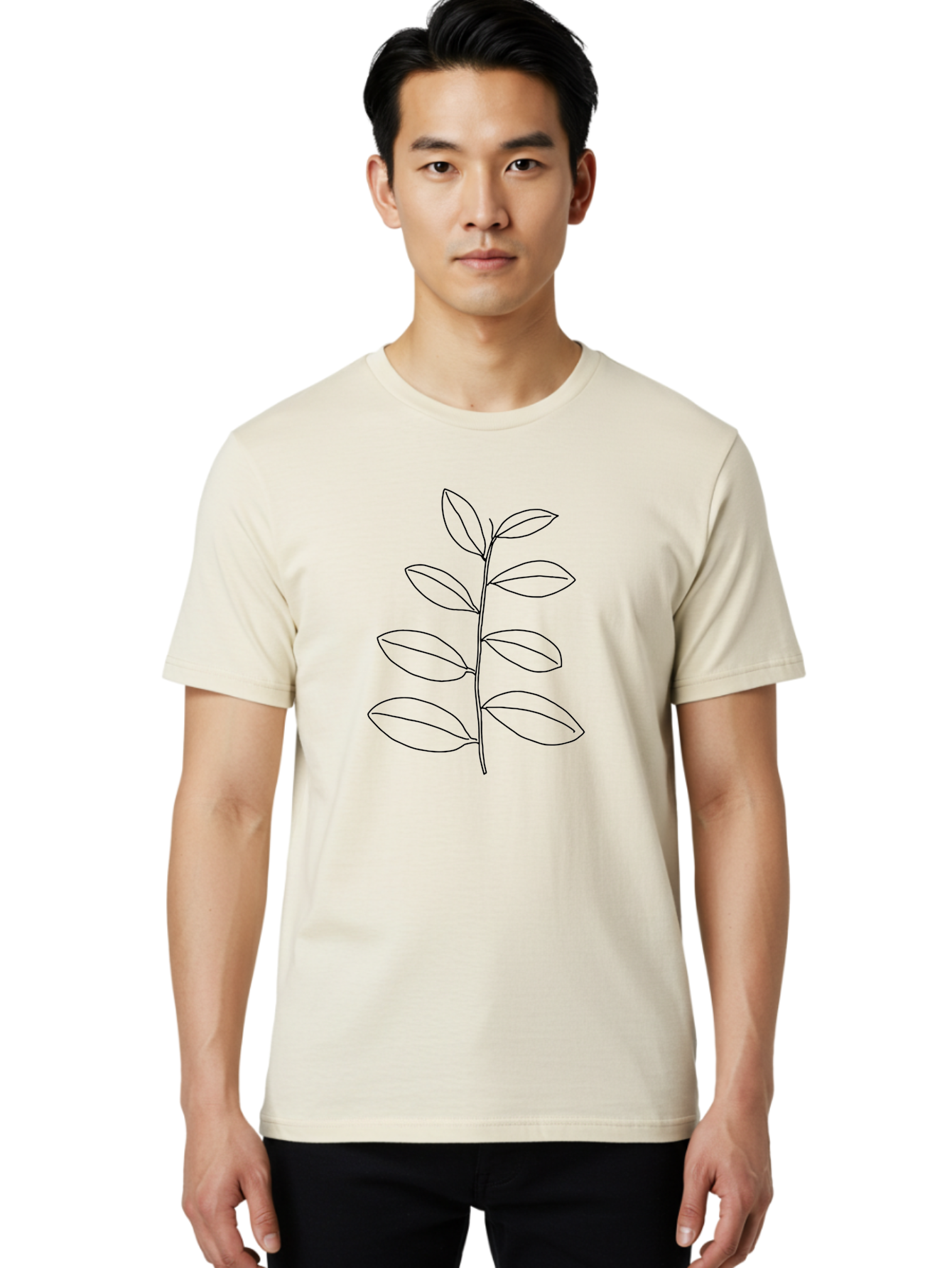 Stem-With-Leaves Men'S Graphic Tee, 100% Cotton, Comfortable Casual Summer Wear, Machine Washable, Simple Line Art, Minimalist Design, Leafy Stem, Botanical Illustration, Natural Elements, Outline Art, Black Lines, Foliage -  Aaa493 18