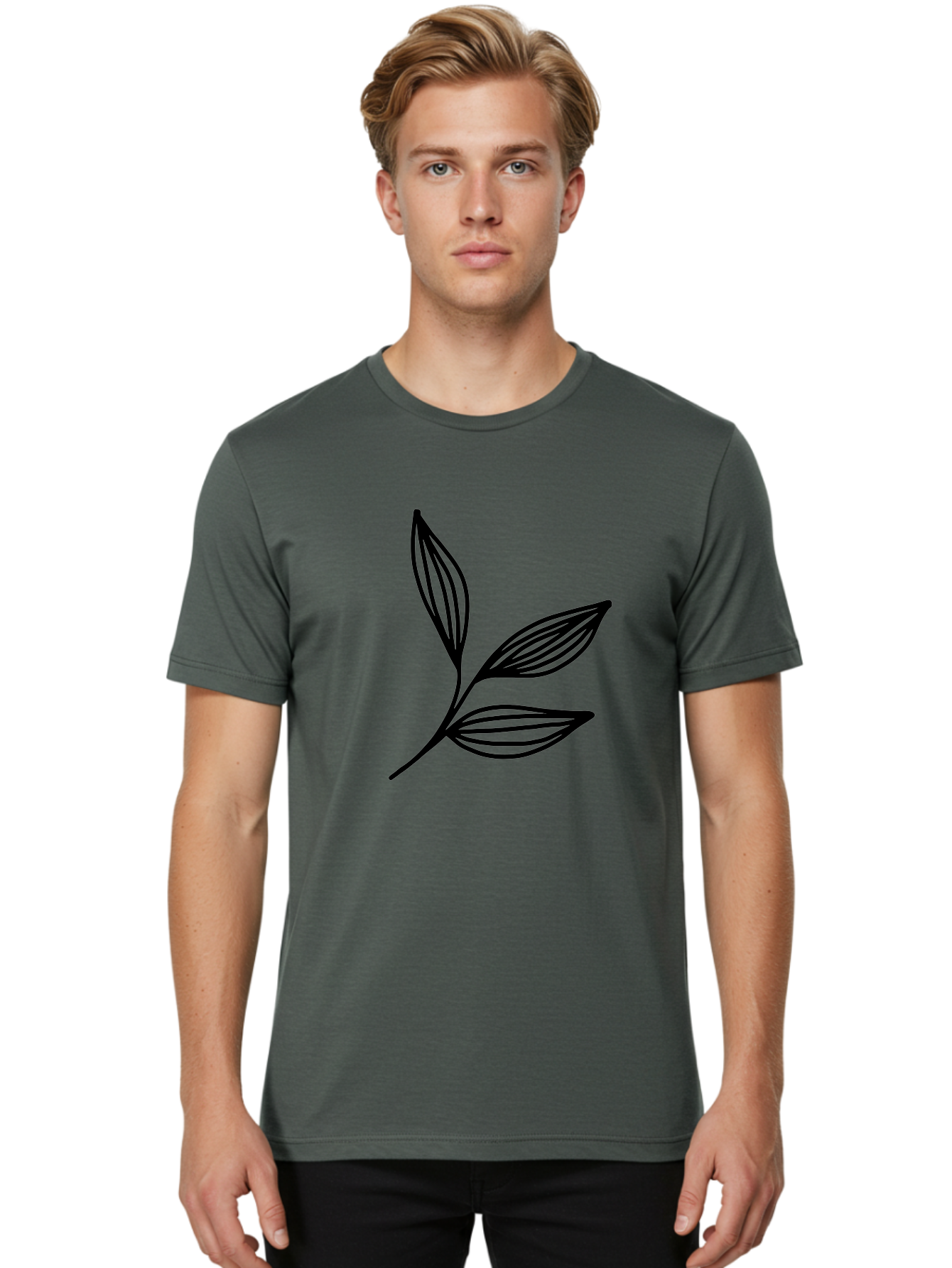 Three-Leaf-Stem Men'S Graphic Tee, 100% Cotton, Comfortable Casual Summer Wear, Machine Washable, Minimalist Leaf Design, Simple Line Art, Botanical Illustration, Three Leaves, Black Outline, Natural Theme, Eco-Friendly, Organic Shape -  Aaa498 4