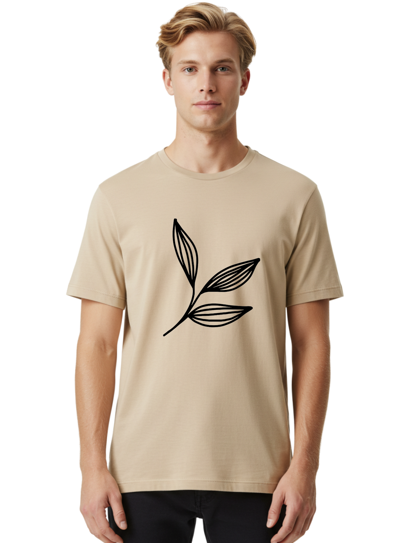 Three-Leaf-Stem Men'S Graphic Tee, 100% Cotton, Comfortable Casual Summer Wear, Machine Washable, Minimalist Leaf Design, Simple Line Art, Botanical Illustration, Three Leaves, Black Outline, Natural Theme, Eco-Friendly, Organic Shape -  Aaa498 28