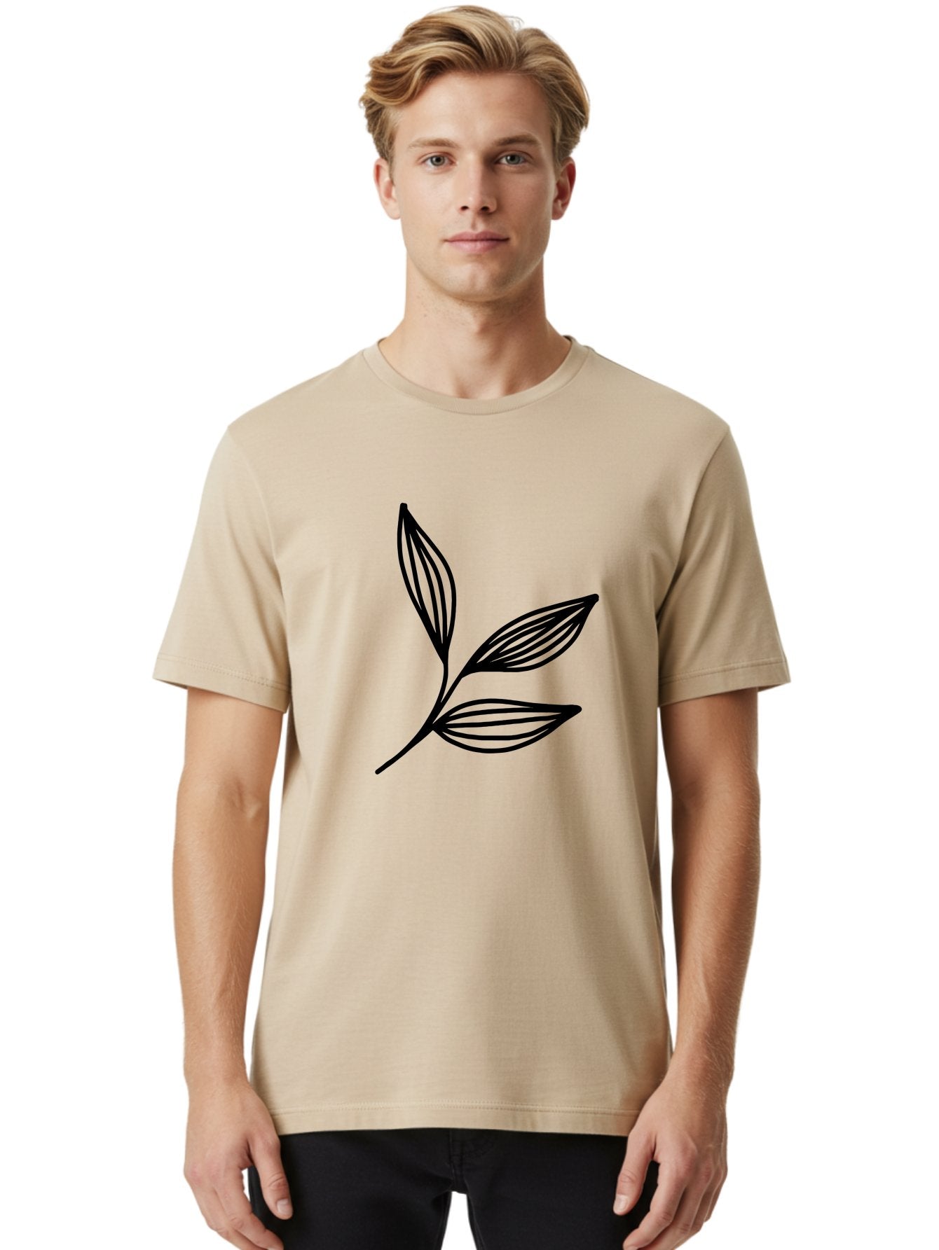 Three-Leaf-Stem Men'S Graphic Tee, 100% Cotton, Comfortable Casual Summer Wear, Machine Washable, Minimalist Leaf Design, Simple Line Art, Botanical Illustration, Three Leaves, Black Outline, Natural Theme, Eco-Friendly, Organic Shape -  Aaa498 18