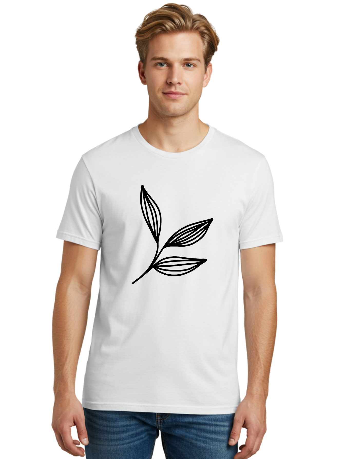 Three-Leaf-Stem Men'S Graphic Tee, 100% Cotton, Comfortable Casual Summer Wear, Machine Washable, Minimalist Leaf Design, Simple Line Art, Botanical Illustration, Three Leaves, Black Outline, Natural Theme, Eco-Friendly, Organic Shape -  Aaa498 30