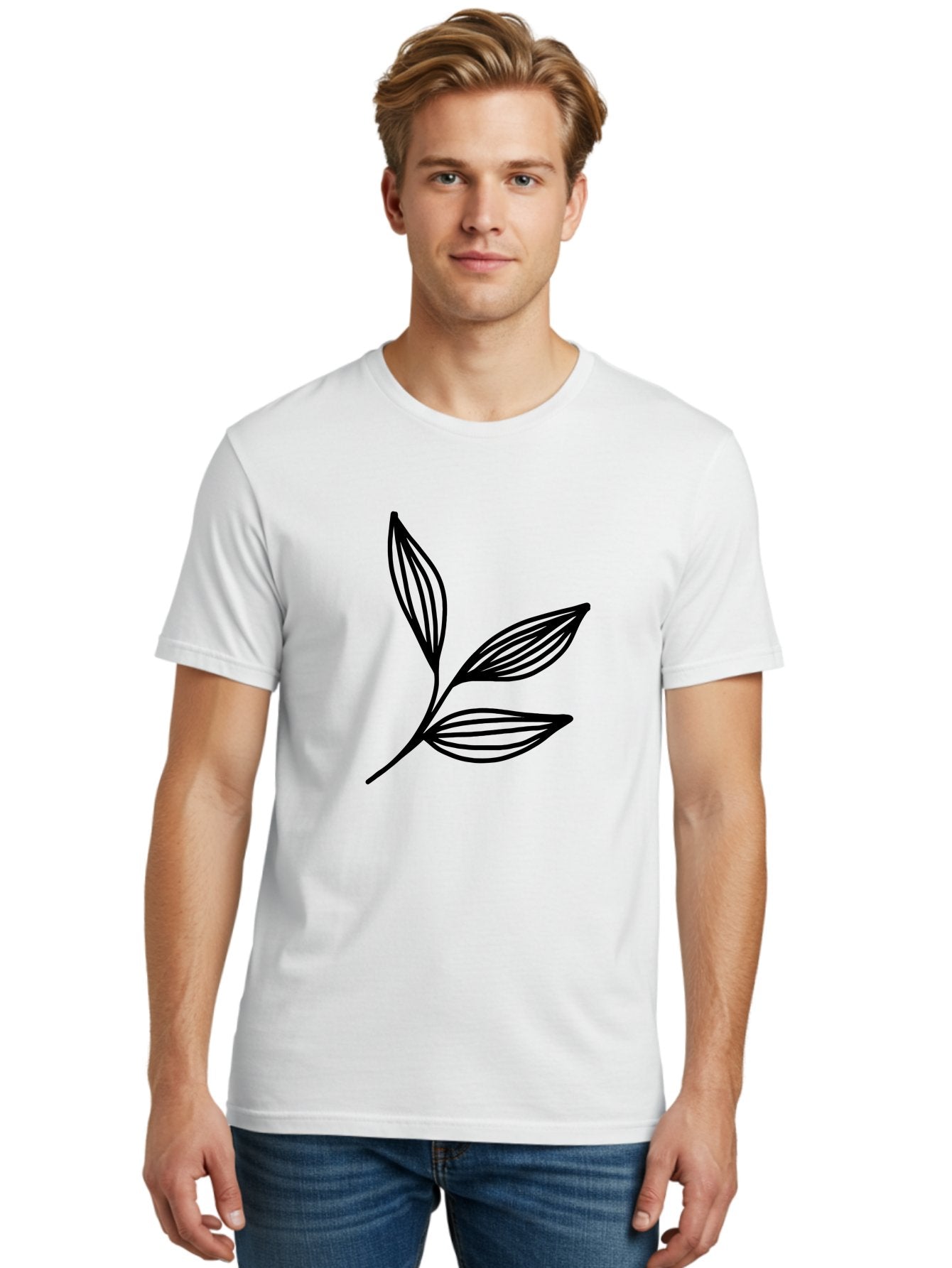 Three-Leaf-Stem Men'S Graphic Tee, 100% Cotton, Comfortable Casual Summer Wear, Machine Washable, Minimalist Leaf Design, Simple Line Art, Botanical Illustration, Three Leaves, Black Outline, Natural Theme, Eco-Friendly, Organic Shape -  Aaa498 20