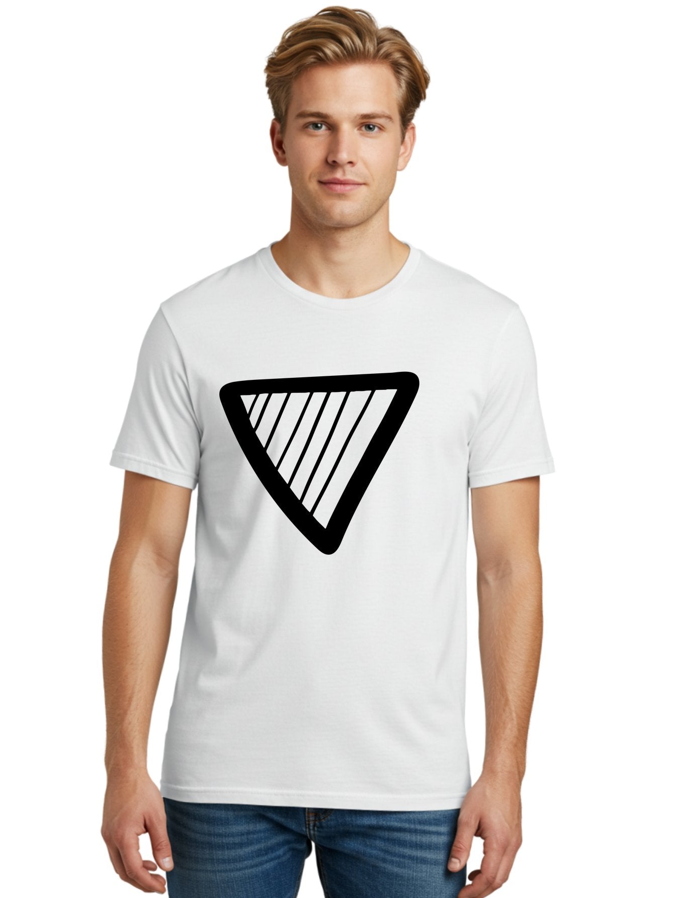 Triangle Men'S Graphic Tee, 100% Cotton, Comfortable Casual Summer Wear, Machine Washable, Triangle Shape, Yield Sign, Caution Sign, Black Outline, Warning Symbol, Traffic Sign, Road Safety, Diagonal Lines -  Aaa503 4
