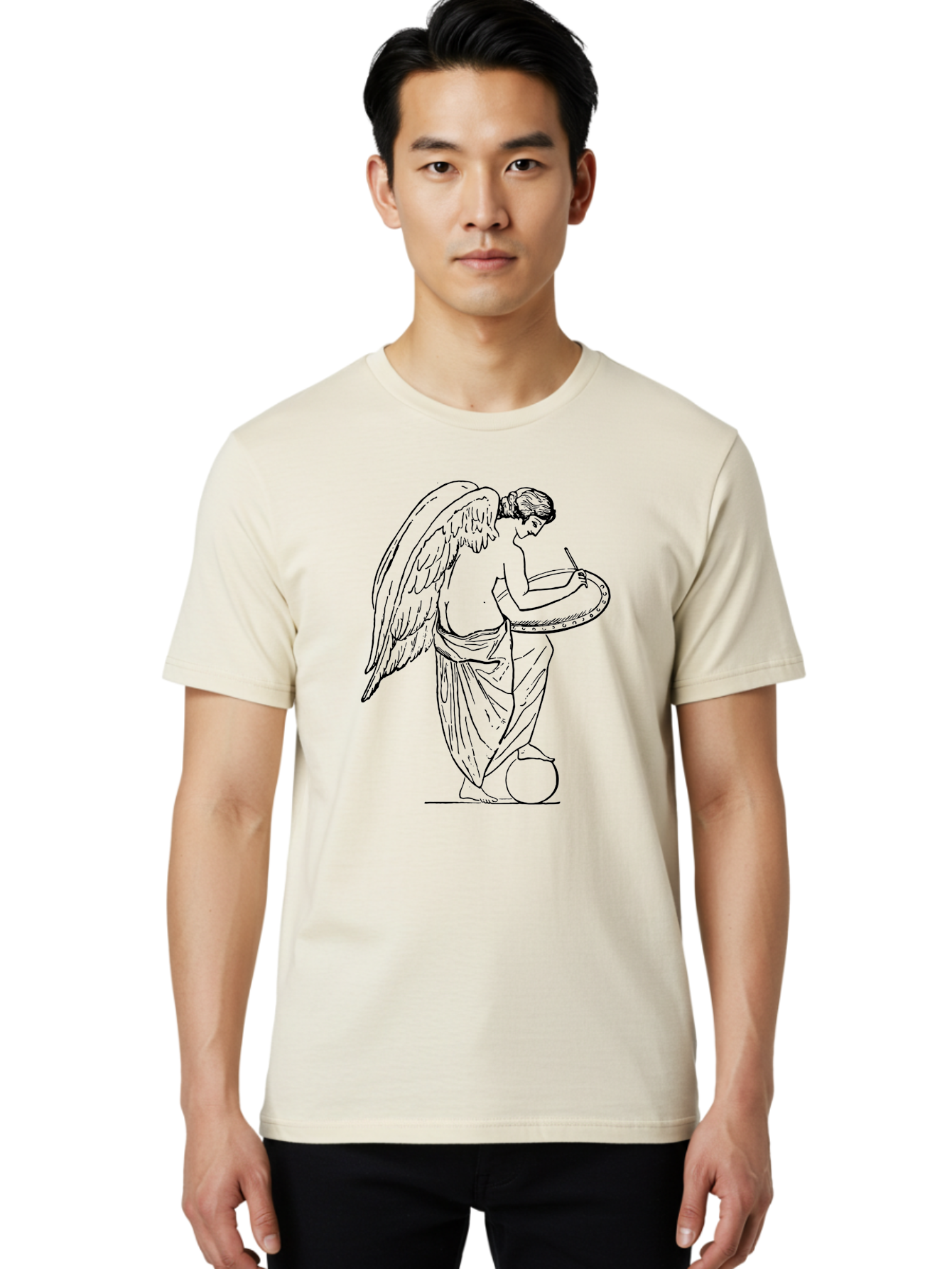 Angel-Playing-Tambourine Men'S Graphic Tee, 100% Cotton, Comfortable Casual Summer Wear, Machine Washable, Angel Playing Drum, Heavenly Music, Divine Art, Classical Illustration, Ethereal Beauty, Artistic Expression, Mythical Being, -  Aaa513 22