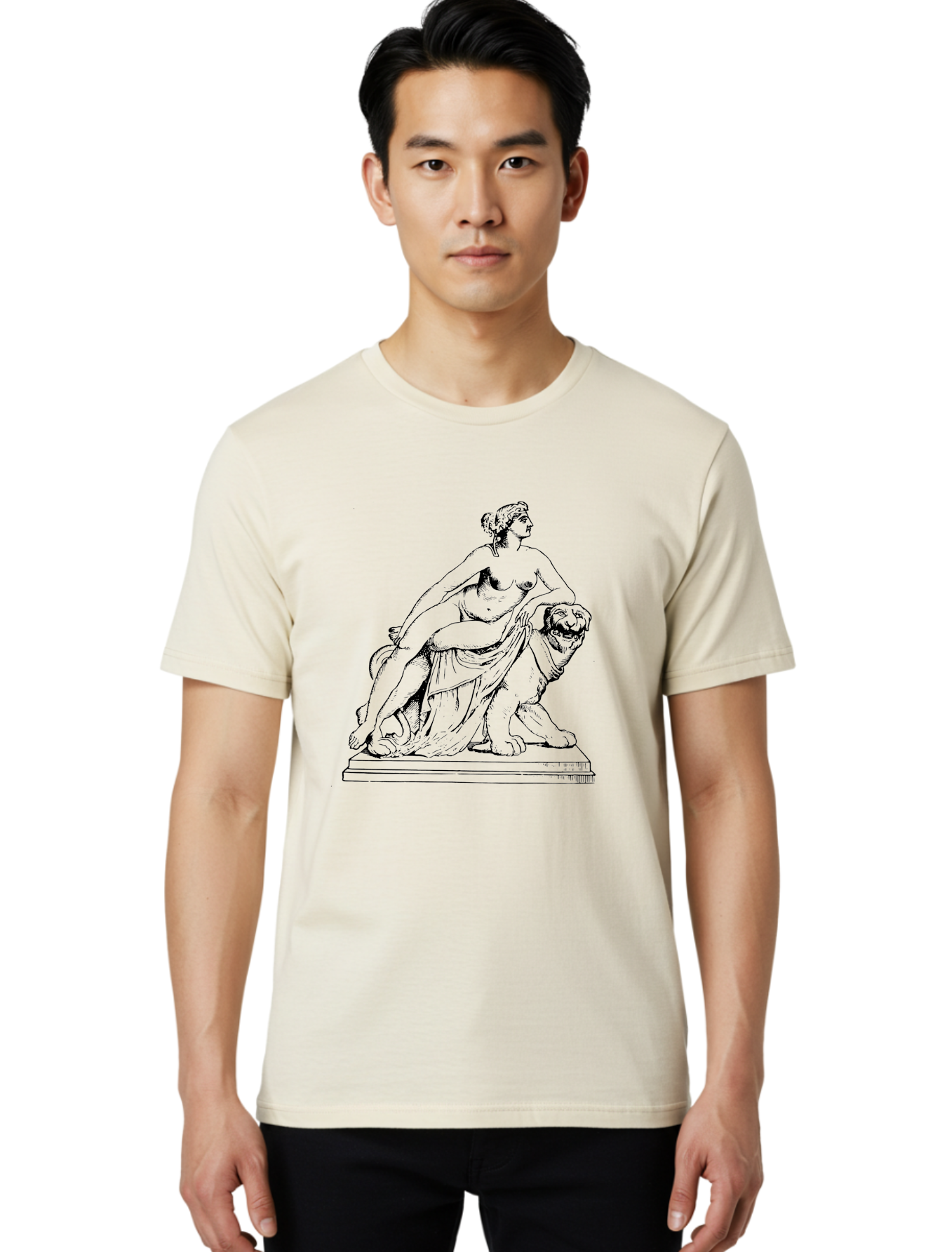 Aphrodite-Riding-Lion Men'S Graphic Tee, 100% Cotton, Comfortable Casual Summer Wear, Machine Washable, Classical Art, Greek Mythology, Female Figure, Lion Statue, Nude Woman, Goddess Aphrodite, Sensual Pose, Elegant Draping, -  Aaa514 16