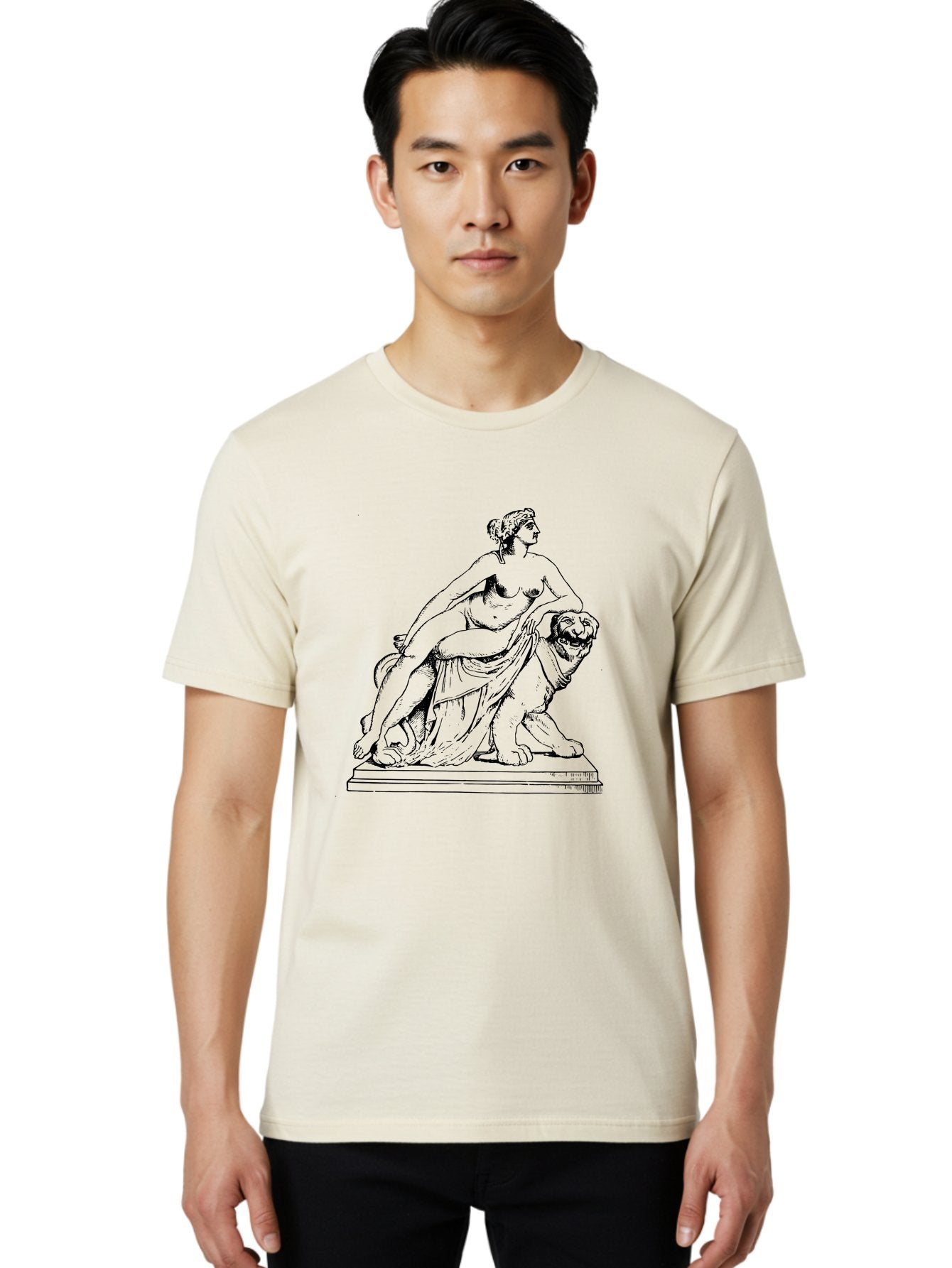 Aphrodite-Riding-Lion Men'S Graphic Tee, 100% Cotton, Comfortable Casual Summer Wear, Machine Washable, Classical Art, Greek Mythology, Female Figure, Lion Statue, Nude Woman, Goddess Aphrodite, Sensual Pose, Elegant Draping, -  Aaa514 6