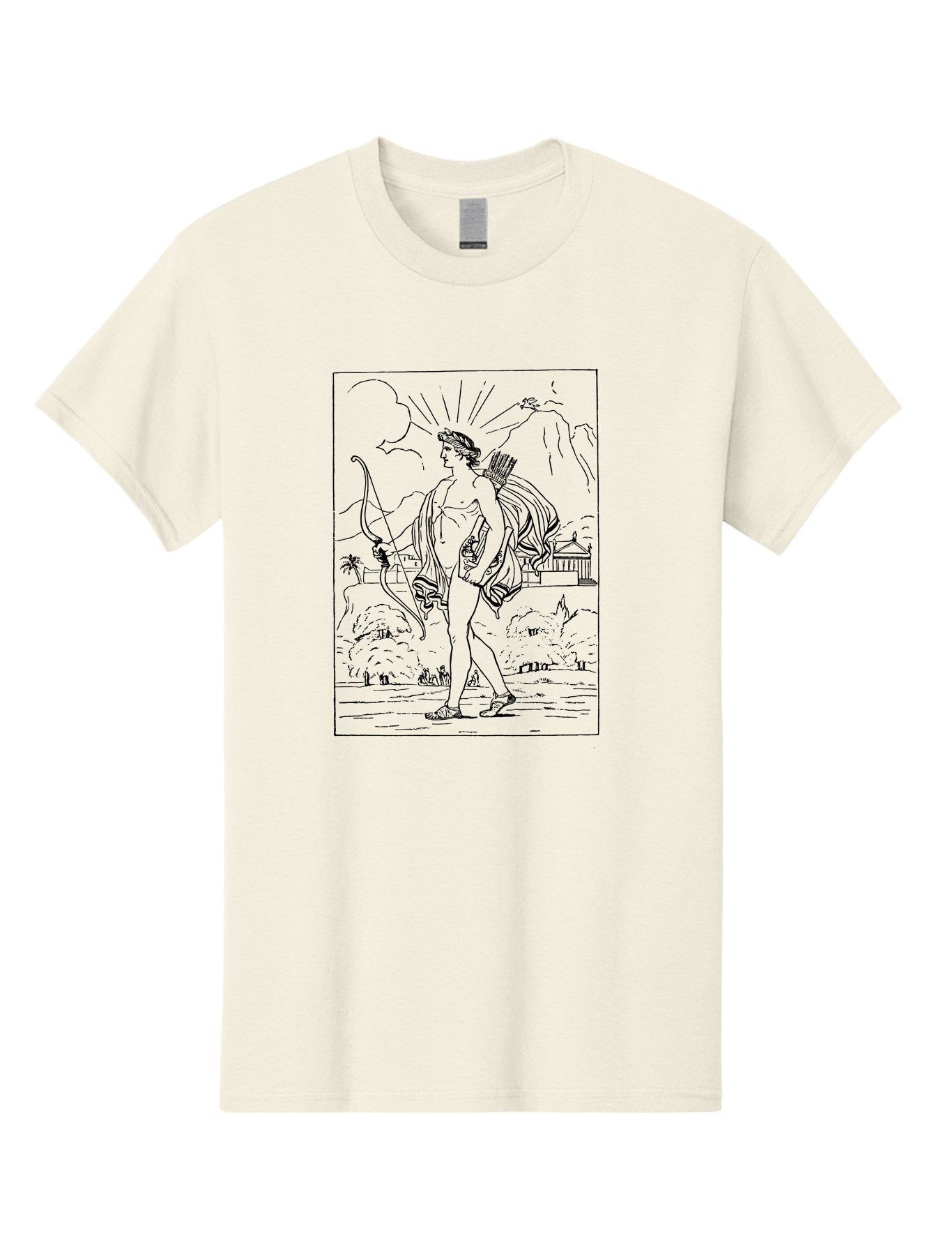 Apollo Men'S Graphic Tee, 100% Cotton, Comfortable Casual Summer Wear, Machine Washable, Classical Art, Greek Mythology, Archery, Nude Figure, Landscape, Palm Trees, Clouds, Birds, Temple, Historical Scene, Artistic Representation -  Aaa515 17