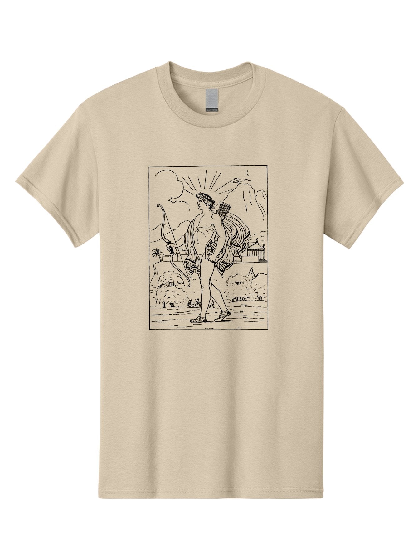 Apollo Men'S Graphic Tee, 100% Cotton, Comfortable Casual Summer Wear, Machine Washable, Classical Art, Greek Mythology, Archery, Nude Figure, Landscape, Palm Trees, Clouds, Birds, Temple, Historical Scene, Artistic Representation -  Aaa515 25