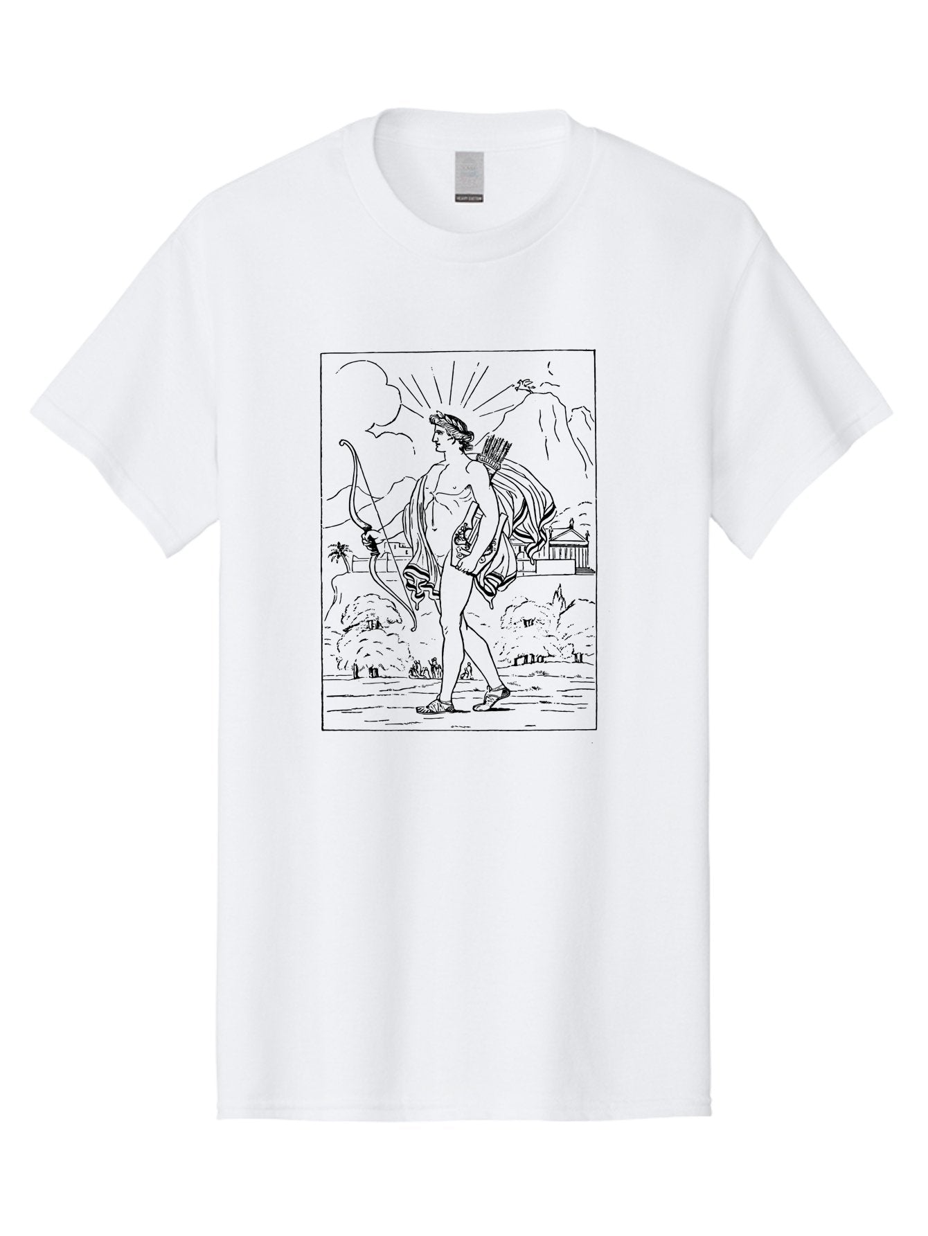 Apollo Men'S Graphic Tee, 100% Cotton, Comfortable Casual Summer Wear, Machine Washable, Classical Art, Greek Mythology, Archery, Nude Figure, Landscape, Palm Trees, Clouds, Birds, Temple, Historical Scene, Artistic Representation -  Aaa515 29