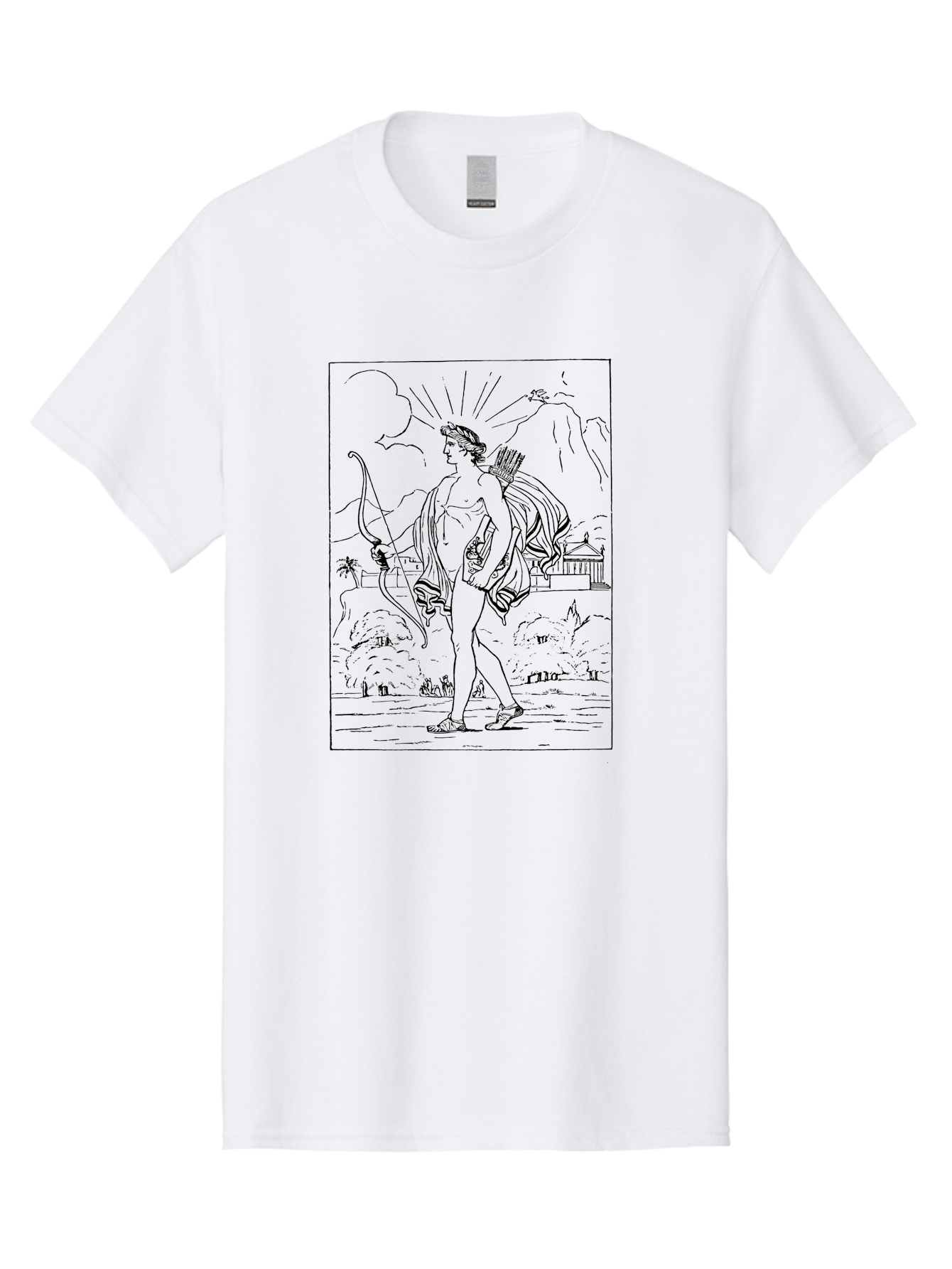 Apollo Men'S Graphic Tee, 100% Cotton, Comfortable Casual Summer Wear, Machine Washable, Classical Art, Greek Mythology, Archery, Nude Figure, Landscape, Palm Trees, Clouds, Birds, Temple, Historical Scene, Artistic Representation -  Aaa515 27