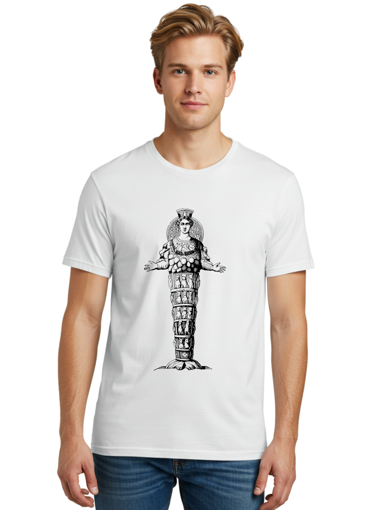 Artemis-Of-Ephesus Men'S Graphic Tee, 100% Cotton, Comfortable Casual Summer Wear, Machine Washable, Ancient Greek Goddess, Ephesian Artemis, Fertility Symbol, Multiple Breasts, Ornate Headdress, Mystical Aura, Historical Artifact, -  Aaa516 4