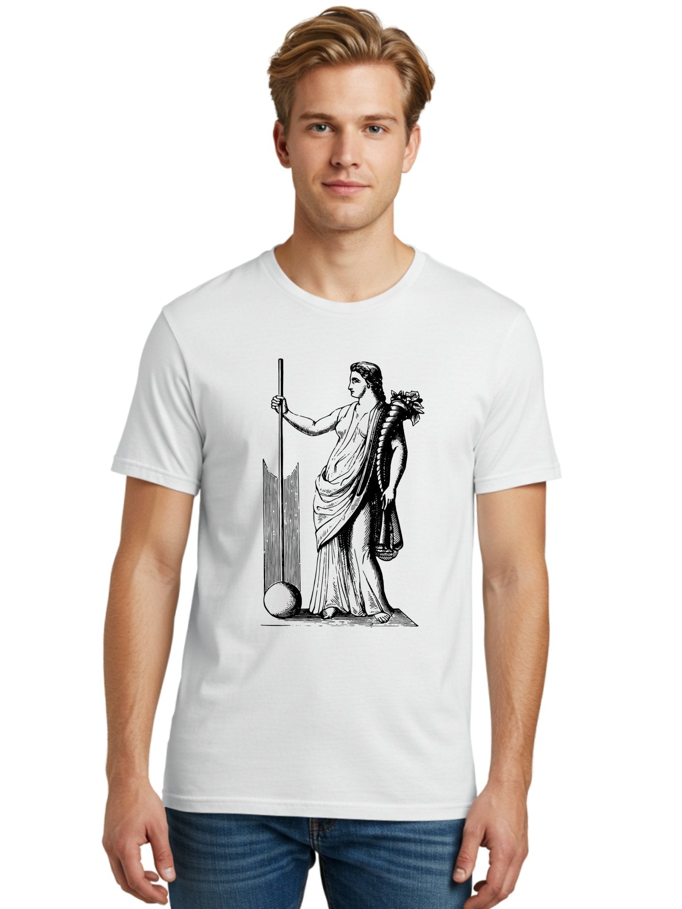 Classical-Woman Men'S Graphic Tee, 100% Cotton, Comfortable Casual Summer Wear, Machine Washable, Classical Figure, Flowing Robes, Holding Staff, Ornate Headdress, Classical Art, Historical Illustration, Regal Pose, Elegant Drapery, -  Aaa527