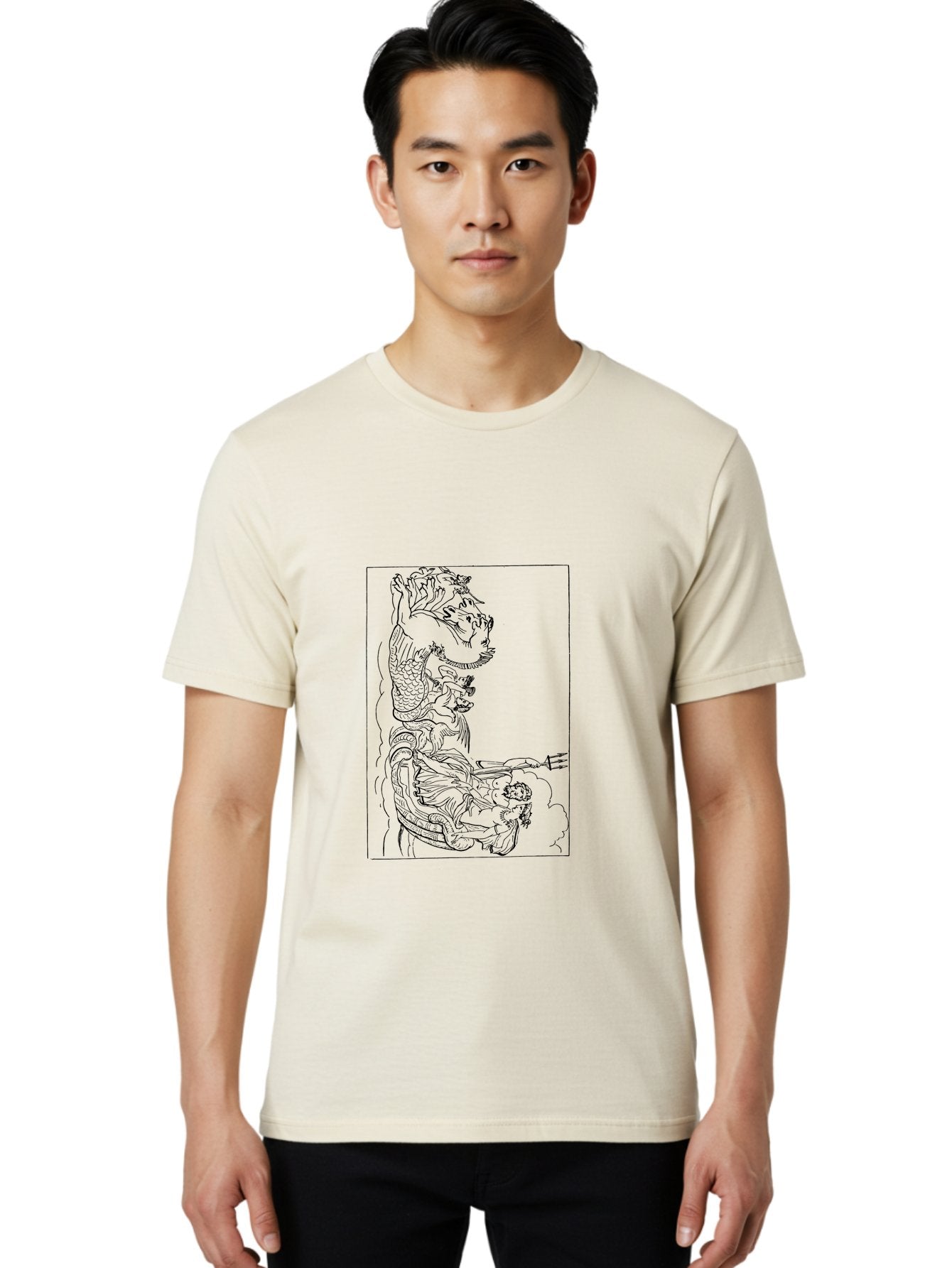 Dragon-Illustration Men'S Graphic Tee, 100% Cotton, Comfortable Casual Summer Wear, Machine Washable, Dragon And Warrior, Mythical Creature, Traditional Art, Intricate Design, Symbolic Figure, Chinese Culture, Fantasy Artwork, Line Drawing -  Aaa531