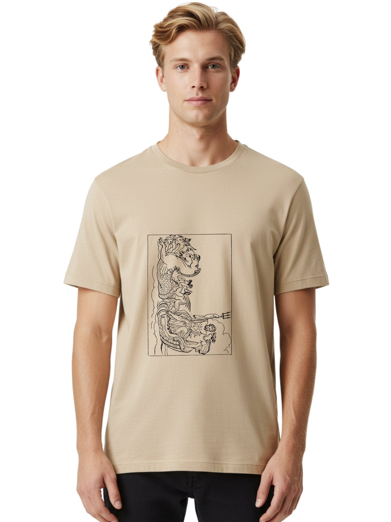 Dragon-Illustration Men'S Graphic Tee, 100% Cotton, Comfortable Casual Summer Wear, Machine Washable, Dragon And Warrior, Mythical Creature, Traditional Art, Intricate Design, Symbolic Figure, Chinese Culture, Fantasy Artwork, Line Drawing -  Aaa531 4