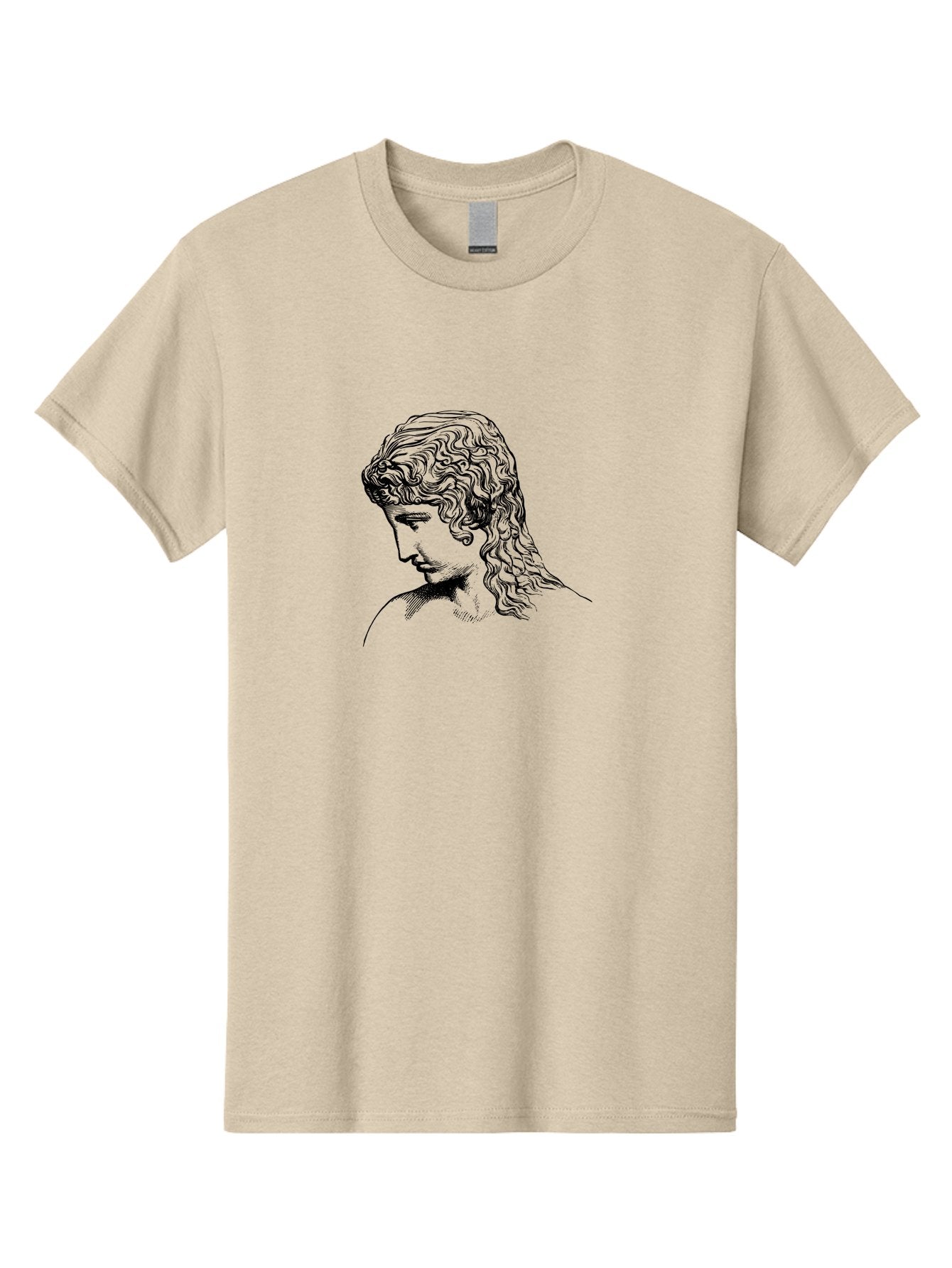 Greek-Statue-1 Men'S Graphic Tee, 100% Cotton, Comfortable Casual Summer Wear, Machine Washable, Woman Looking Down, Flowing Hair, Black And White Illustration, Elegant Portrait, Classical Art, Serene Expression, Calm Atmosphere, -  Aaa539 25